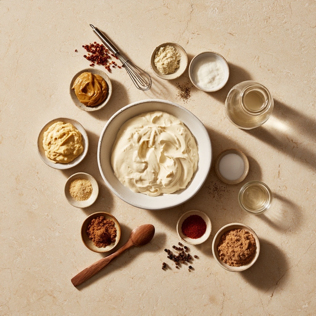 A clear glass bowl on a wooden board contains a creamy, light beige sauce with tiny black specks mixed in. A metal whisk rests inside the bowl, partially covered in the sauce. Behind the bowl, there is a white marbled surface with a red, white, and blue checked cloth. On the cloth, from left to right, there is a small wooden pepper grinder, a jar of mayonnaise with a blue lid and yellow label, a jar of prepared horseradish with a black lid, and a bottle filled with amber liquid. Photo taken with an iphone --ar 4:5 --v 7