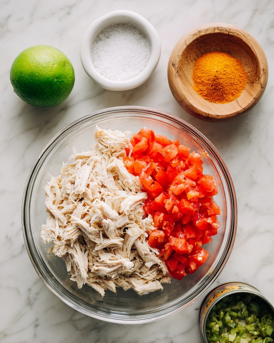 A clear glass bowl placed on a white marbled surface holds two main layers: a large portion of light beige shredded chicken on the left side and bright red diced tomatoes on the right side. Above the bowl to the right is a small wooden bowl filled with orange-yellow powder, and to the left is a whole green lime. Below the bowl, a small white bowl contains white granulated salt, and next to it is an open can showing small, chopped green peppers in light green liquid. The photo was taken with an iphone --ar 4:5 --v 7