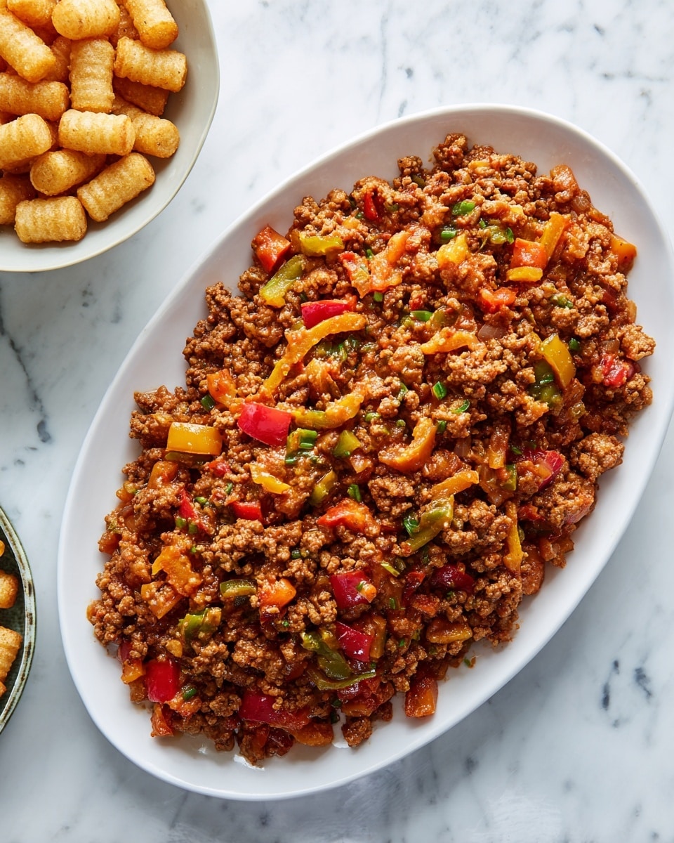 The dish is shown in a white oval plate placed on a white marbled surface, filled with a single layer of cooked ground meat mixed with diced red and yellow bell peppers and tomato chunks, all coated in a rich reddish-brown sauce. The texture looks soft with small bits of meat and vegetables evenly spread, creating a colorful, hearty appearance. In the top left corner, there is a partial view of a white bowl filled with light brown, round puffed snacks. Photo taken with an iphone --ar 4:5 --v 7