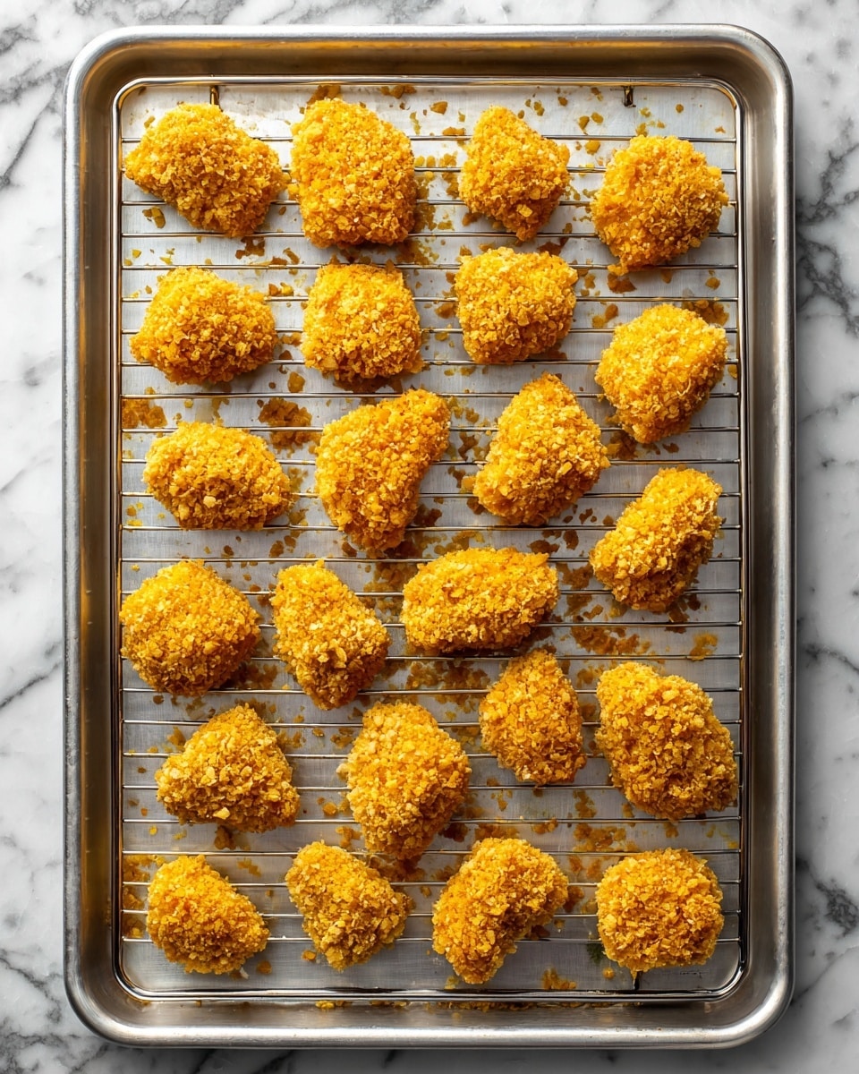A metal baking tray with two wire racks holds a total of 24 irregularly shaped pieces of food. Each piece is coated in a bright golden-yellow, crumbly breading that looks crunchy. The tray is set on a surface with a white marbled texture. Some small crumbs are scattered around the pieces on the racks. photo taken with an iphone --ar 4:5 --v 7