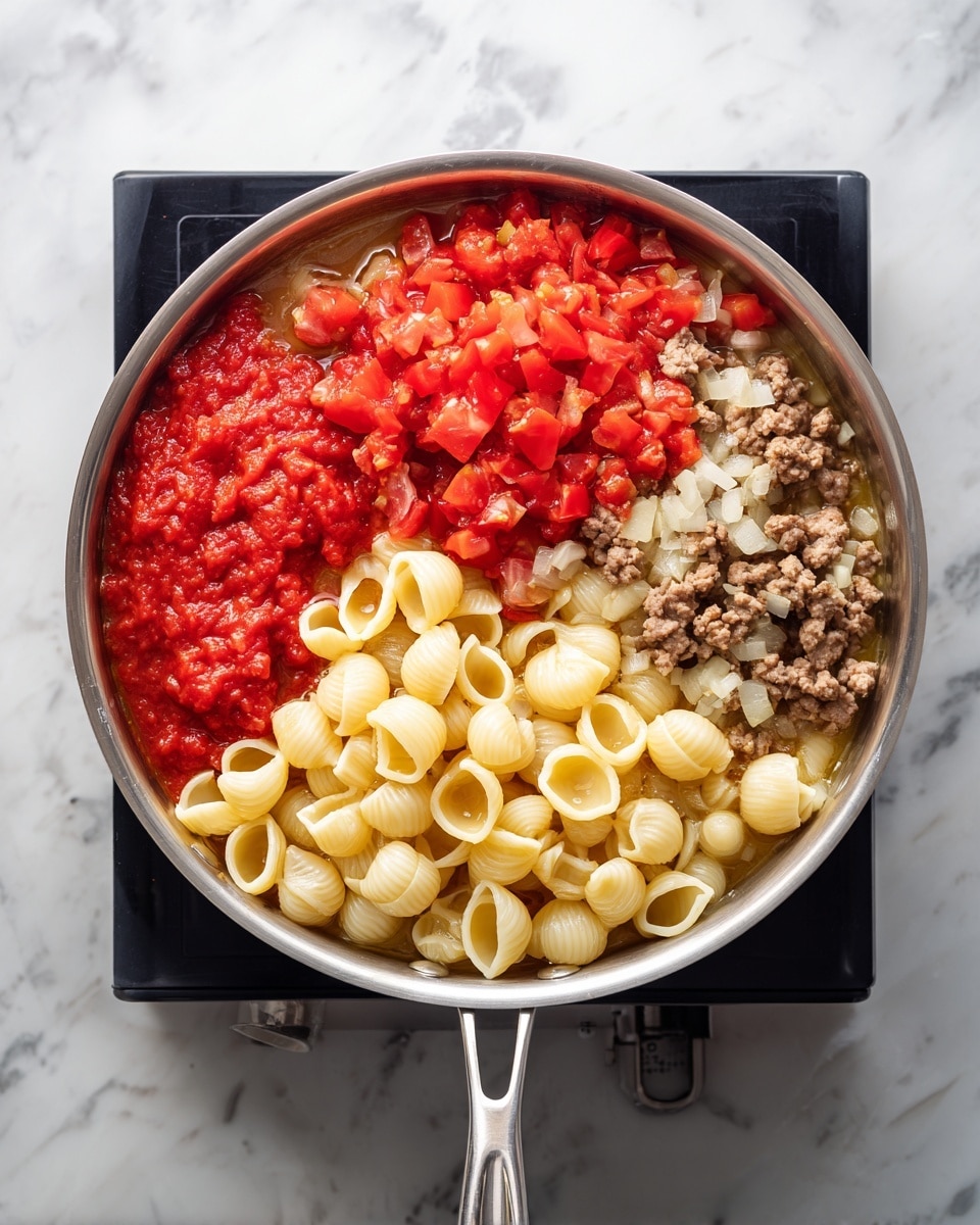 A top view of a stainless steel pan on a black induction cooktop with a white marbled texture surface, filled with an uncooked pasta meal in four clear sections: bright red tomato paste on the left, fresh red diced tomatoes on the right, pale yellow small shell pasta in the bottom center, and cooked ground meat with chopped onions mixed in the top right. The liquid broth surrounds all ingredients, with the pan handle extending towards the bottom left corner. Photo taken with an iphone --ar 4:5 --v 7