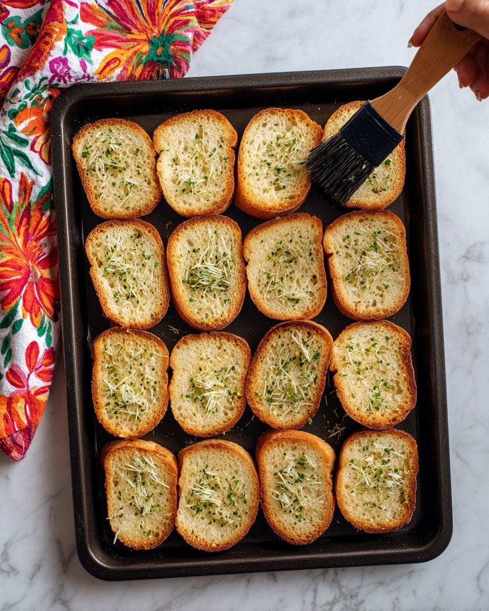 The image shows a dark baking tray with fourteen slices of toasted bread arranged in four neat columns. Each slice is golden-brown with light green herb spread, small specks of green herbs, and a slightly rough texture with air holes visible in the bread. At the top left corner, a woman's hand holding a wooden brush with black bristles is seen applying the herb spread on another slice. A colorful cloth with red, orange, and green floral patterns is partially visible on the top left outside the tray, all set on a white marbled surface. Photo taken with an iphone --ar 4:5 --v 7