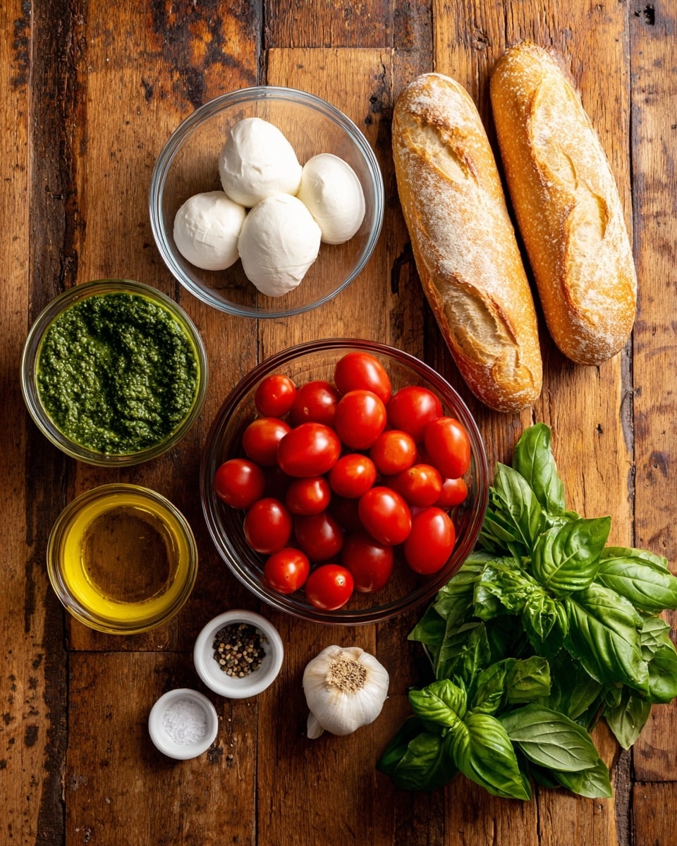 The image shows several ingredients placed on a wooden surface. In the center, there is a clear bowl filled with bright red cherry tomatoes. Above the tomatoes, two small white baguette loaves with a crusty texture are placed side by side. To the top left of the tomatoes, a glass bowl contains smooth, white mozzarella cheese. Below the cheese, a small glass bowl holds vibrant green pesto sauce. To the bottom left of the tomatoes, there is a whole garlic bulb, and next to it a small glass bowl with golden olive oil. Below the olive oil, a small white bowl contains coarse salt and black pepper. On the right side, a bunch of fresh green basil leaves rests on the surface. The overall setting is on a wooden surface with warm colors and rustic feel. Photo taken with an iphone --ar 4:5 --v 7