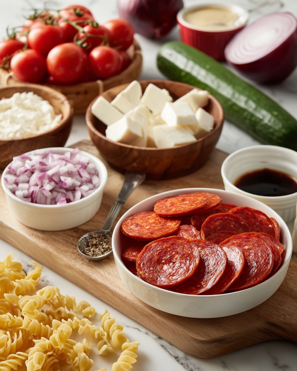 Italian Pasta Salad Recipe 4 The image shows a close-up of various fresh ingredients arranged on a wooden board over a white marbled surface. In the foreground, a white bowl is filled with neat, curved slices of bright red pepperoni, showing a shiny texture. To the left, another white bowl holds finely chopped purple-red onions, with their crisp texture visible. Nearby, a wooden bowl contains white cheese cubes with some cubes scattered around it. Behind these, a wooden basket is filled with small, shiny red cherry tomatoes. A long green cucumber lays horizontally behind the pepperoni bowl. To the right, a small red ramekin contains a light creamy sauce, while a round red onion and another small red ramekin with a dark sauce sit slightly blurred in the background. Dry, spiral pasta pieces in a yellowish color are spread around the board and seen in a white bowl behind the tomatoes. A metal spoon with seasoning rests beside the pasta pieces. The whole setting is brightly lit, suggesting fresh ingredients ready for cooking, photo taken with an iphone --ar 4:5 --v 7