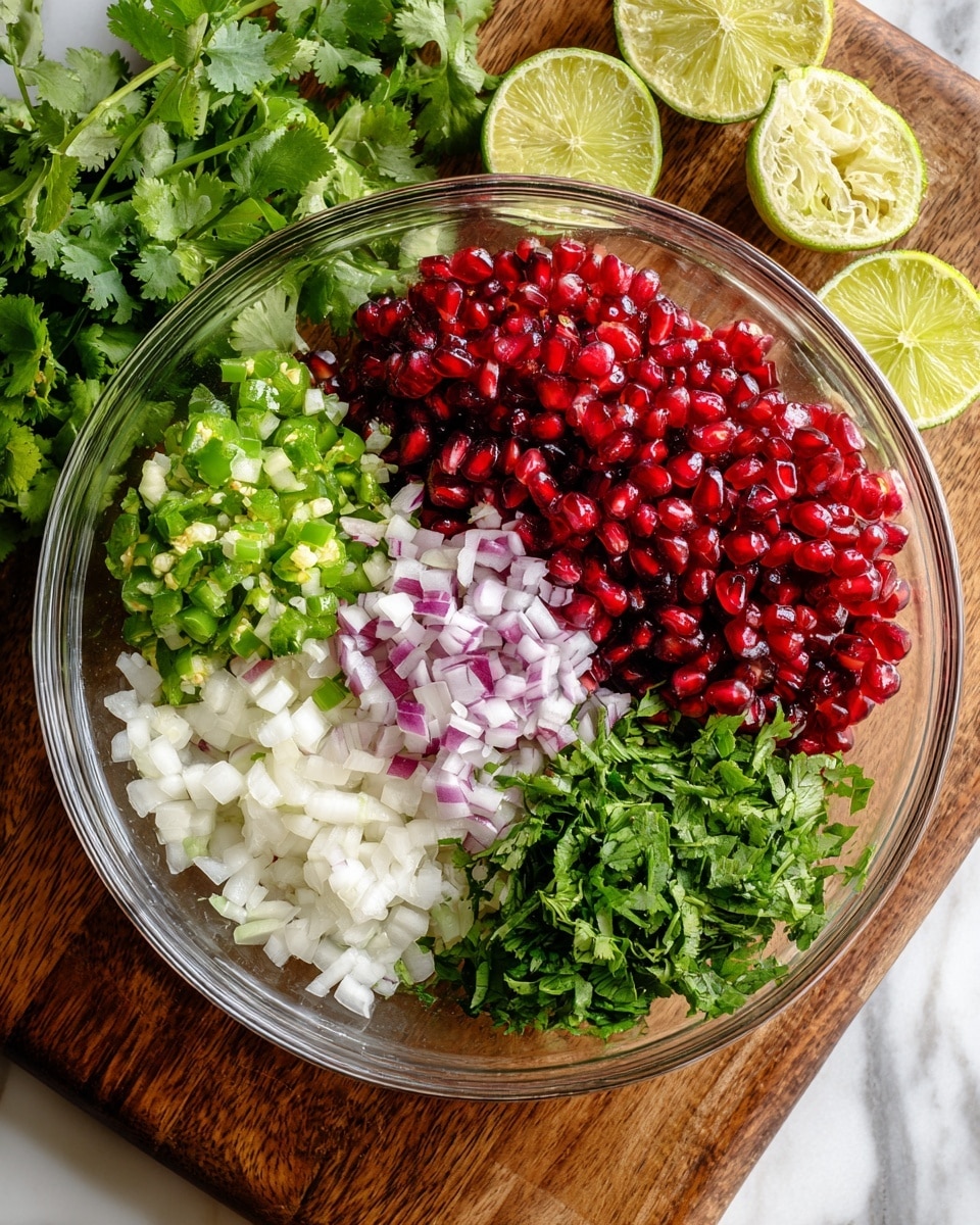 A clear glass bowl sits on a wooden board, filled with four separate piles of fresh ingredients. The top right section holds bright red pomegranate seeds with a shiny texture, while the top left shows small green diced pieces that look like jalapeños. The bottom left is filled with finely diced white and purple onions, and the bottom right has a heap of chopped fresh green cilantro leaves. Around the bowl, on a white marbled surface, there is a bunch of fresh cilantro to the left and two squeezed lime halves to the top right. Photo taken with an iphone --ar 4:5 --v 7