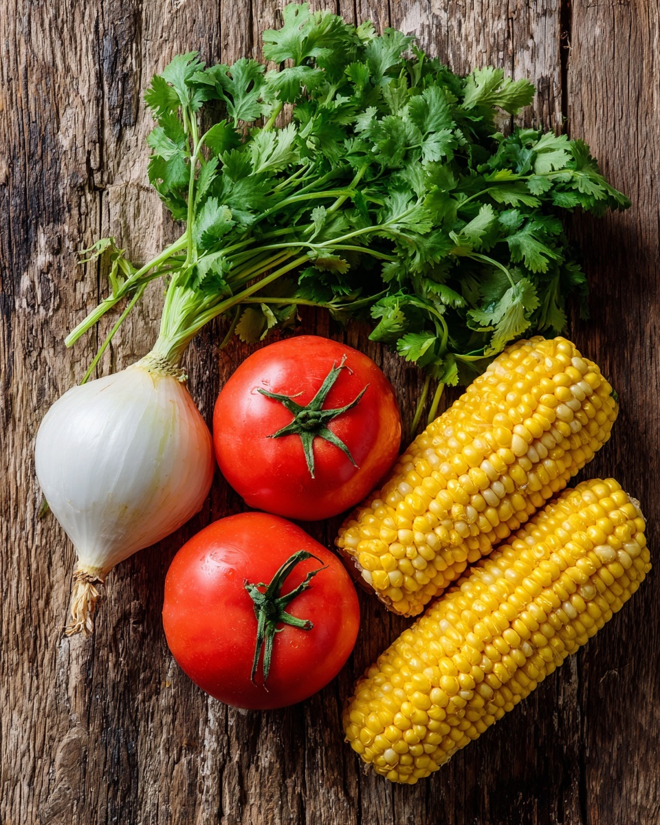 The image shows fresh vegetables arranged on a wooden surface. There is a bunch of green cilantro leaves on the left, next to a whole white onion with its top stem. Near the onion, there are two bright red tomatoes with green stems, placed side by side. On the right, there are four yellow corn cobs lying next to each other with their kernels clearly visible. The overall colors are natural and vibrant, with the textures of each vegetable clearly seen. Photo taken with an iphone --ar 4:5 --v 7
