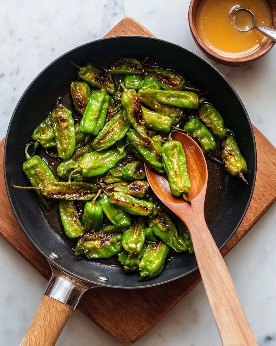 A black frying pan filled with many shiny green peppers, some with brown char marks, spread out across the pan. A wooden spoon holds some peppers on the right side, slightly lifting them. The pan sits on a wooden board over a white marbled surface with a silver spoon and a brown bowl with light color sauce in the background. photo taken with an iphone --ar 4:5 --v 7