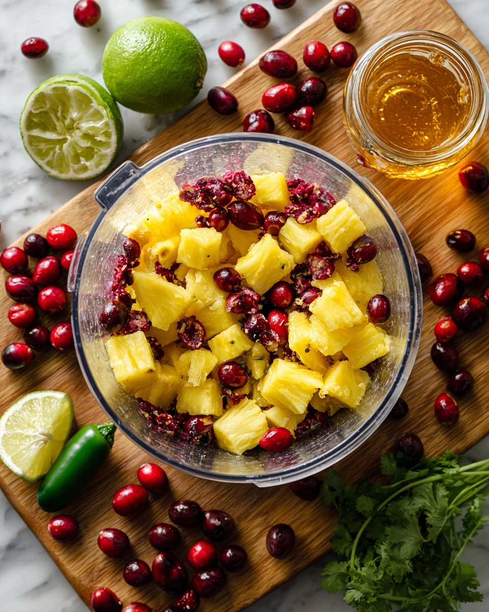A clear food processor bowl is filled with roughly chopped yellow pineapple chunks and finely chopped red cranberries, showing a mix of bright yellow and deep red colors inside. The bowl sits on a wooden board scattered with whole fresh cranberries, a green jalapeño pepper, a halved lime with one whole lime nearby, and some green cilantro leaves at the top edge. To the right, there is a clear jar filled with golden honey, shining in the light. The whole scene is set on a white marbled surface. photo taken with an iphone --ar 4:5 --v 7