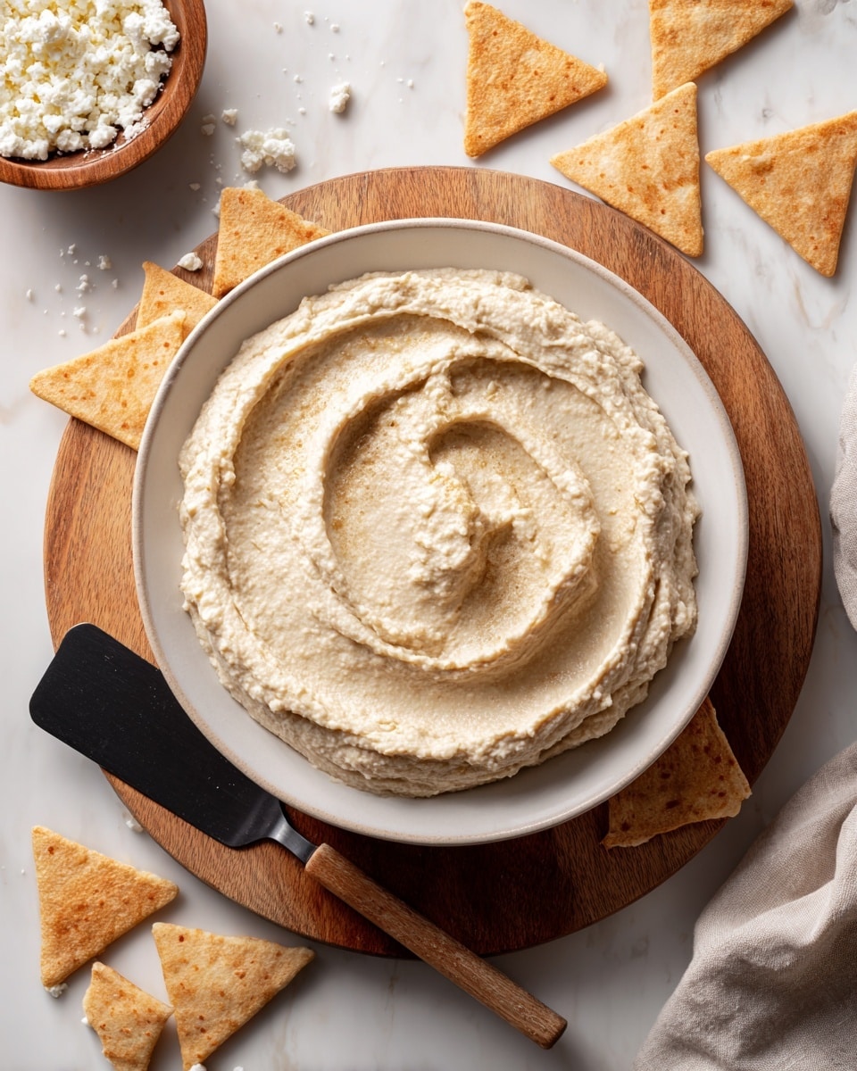 A white plate sits on a light brown wooden board, filled with one smooth, thick layer of creamy off-white hummus spread evenly with soft swirl patterns on top. Around the plate, there are many small golden-brown triangular crackers scattered on a white marbled surface. A black spatula with some hummus on it rests on the wooden board near the plate, and a small wooden bowl with white crumbled cheese is partially visible on the left side. The scene looks bright and clean, with the white marbled surface adding a gentle texture to the background. Photo taken with an iphone --ar 4:5 --v 7