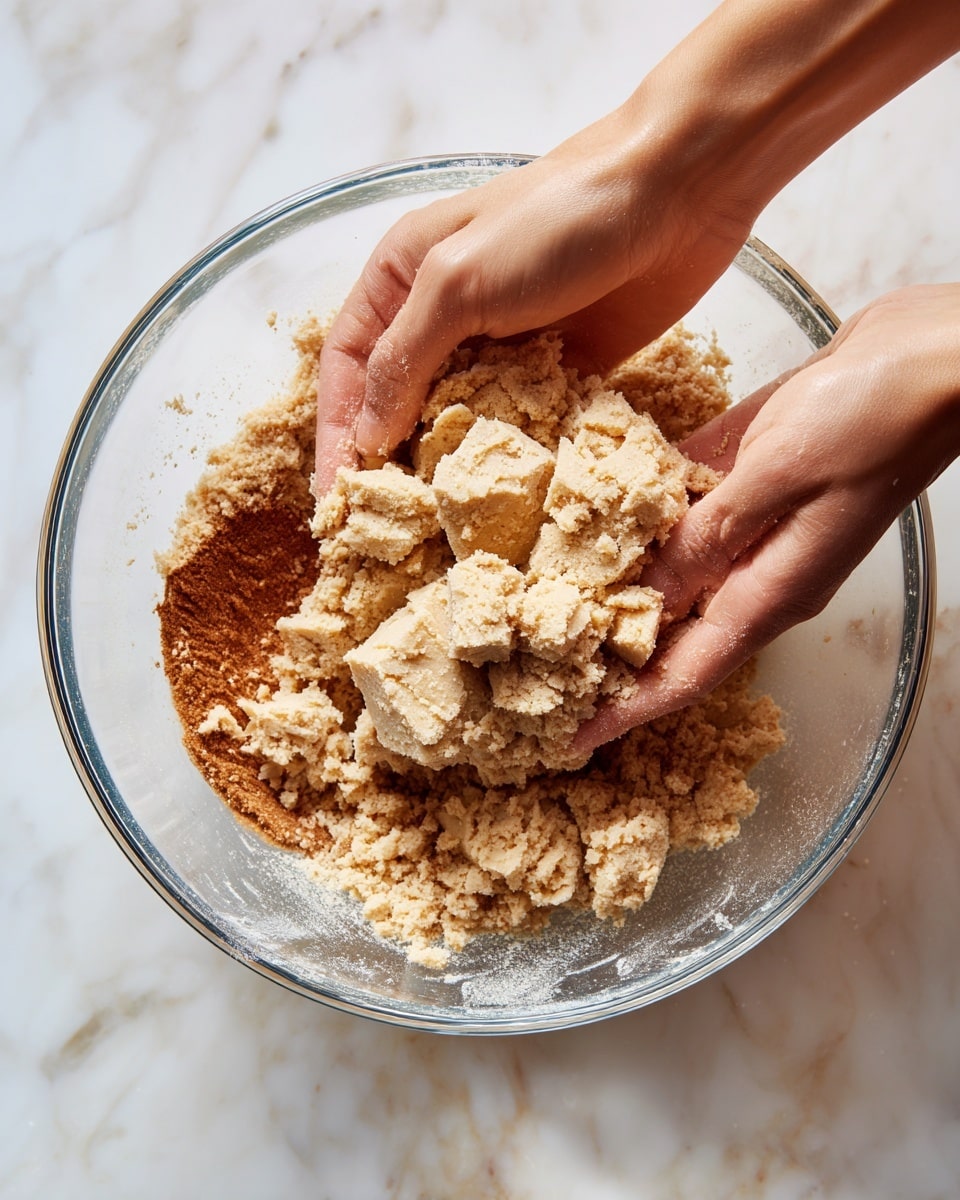The image shows a clear glass bowl placed on a white marbled surface. Inside the bowl, there is a layer of reddish-brown sauce with a thick texture spread on the bottom. On top of this sauce, several chunks of beige, crumbly bread or dough are placed unevenly. In the foreground, a woman's hands are shown breaking apart a large piece of the same beige crumbly bread or dough over the bowl, with some crumbs falling into it. The scene is bright and simple, focusing on the action of adding the ingredients. Photo taken with an iphone --ar 4:5 --v 7