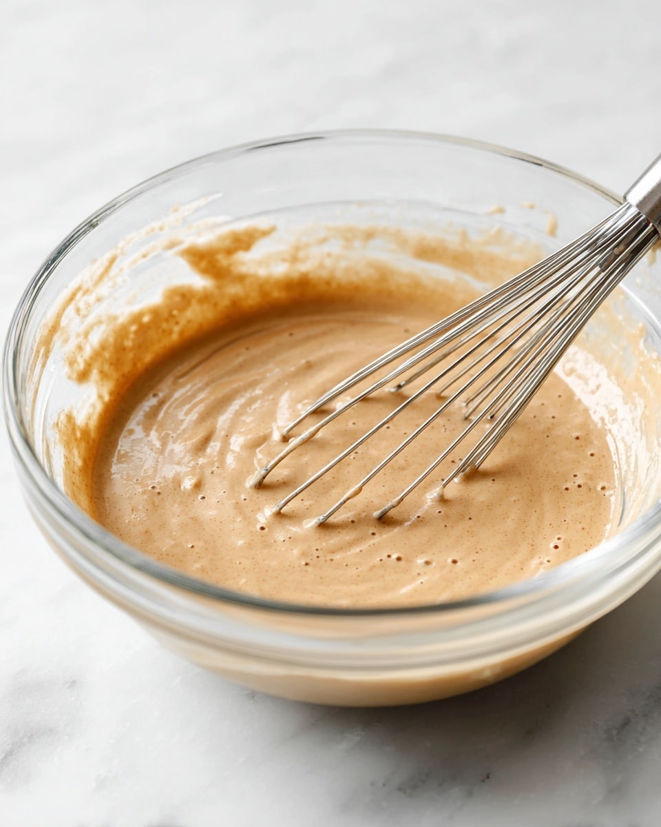 A clear glass bowl filled with light brown batter, smooth and creamy with small bubbles on the surface, sits on a white marbled texture. Inside the bowl is a metal whisk partially dipped in the batter, showing some batter clinging to the wires. The bowl is centered in the frame, and the batter covers the bottom, rising up the sides slightly, showing some batter streaks along the glass. The setting is bright and clean, focusing on the batter texture and the whisk. photo taken with an iphone --ar 4:5 --v 7