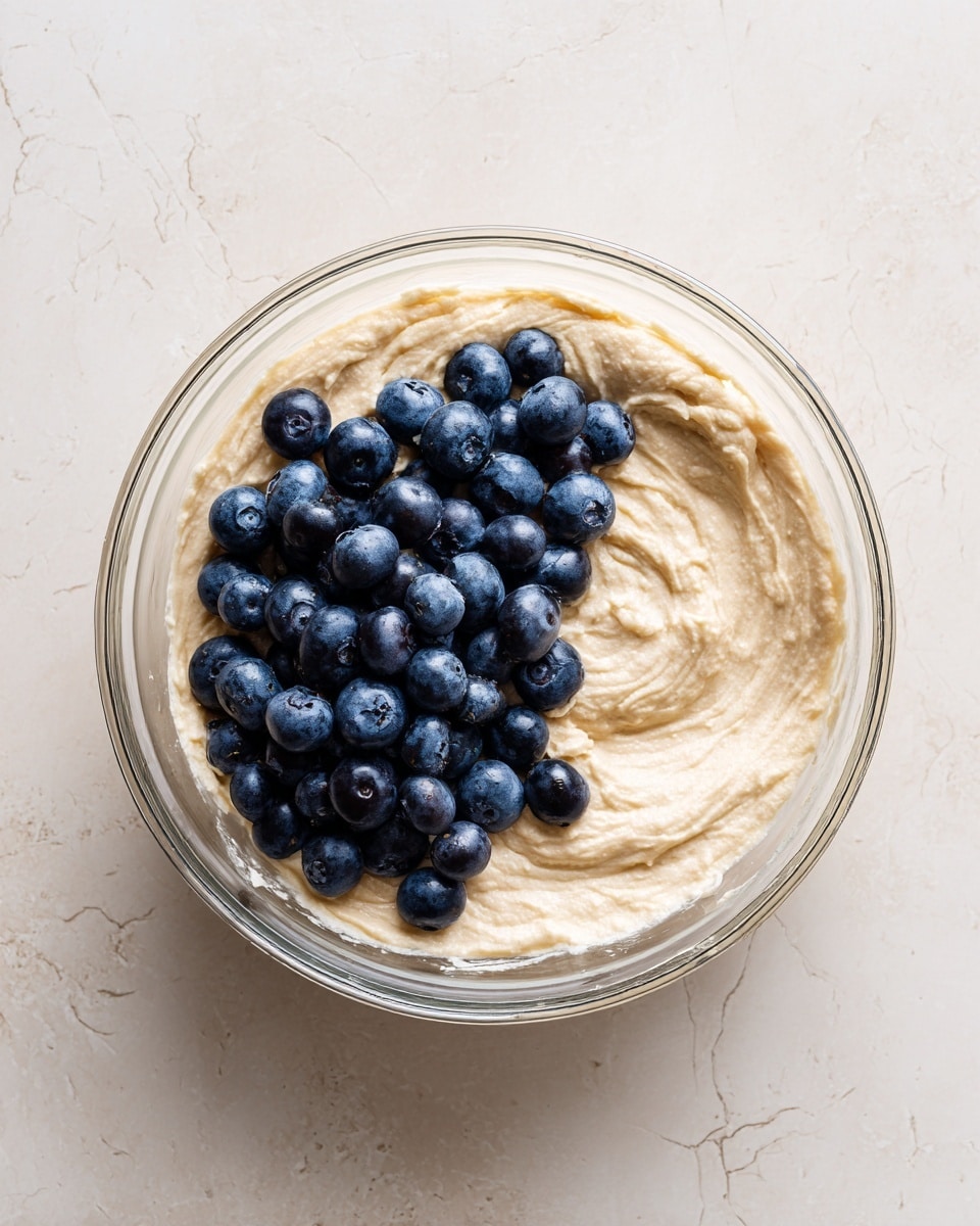 A clear glass bowl is filled with thick, creamy pale beige batter that has a smooth but slightly bumpy texture. A pile of fresh, round blue and dark blue blueberries sits on the left side of the batter, creating a clear contrast in color and texture between the soft batter and the firm, shiny berries. The bowl is set on a surface with a white marbled texture. photo taken with an iphone --ar 4:5 --v 7