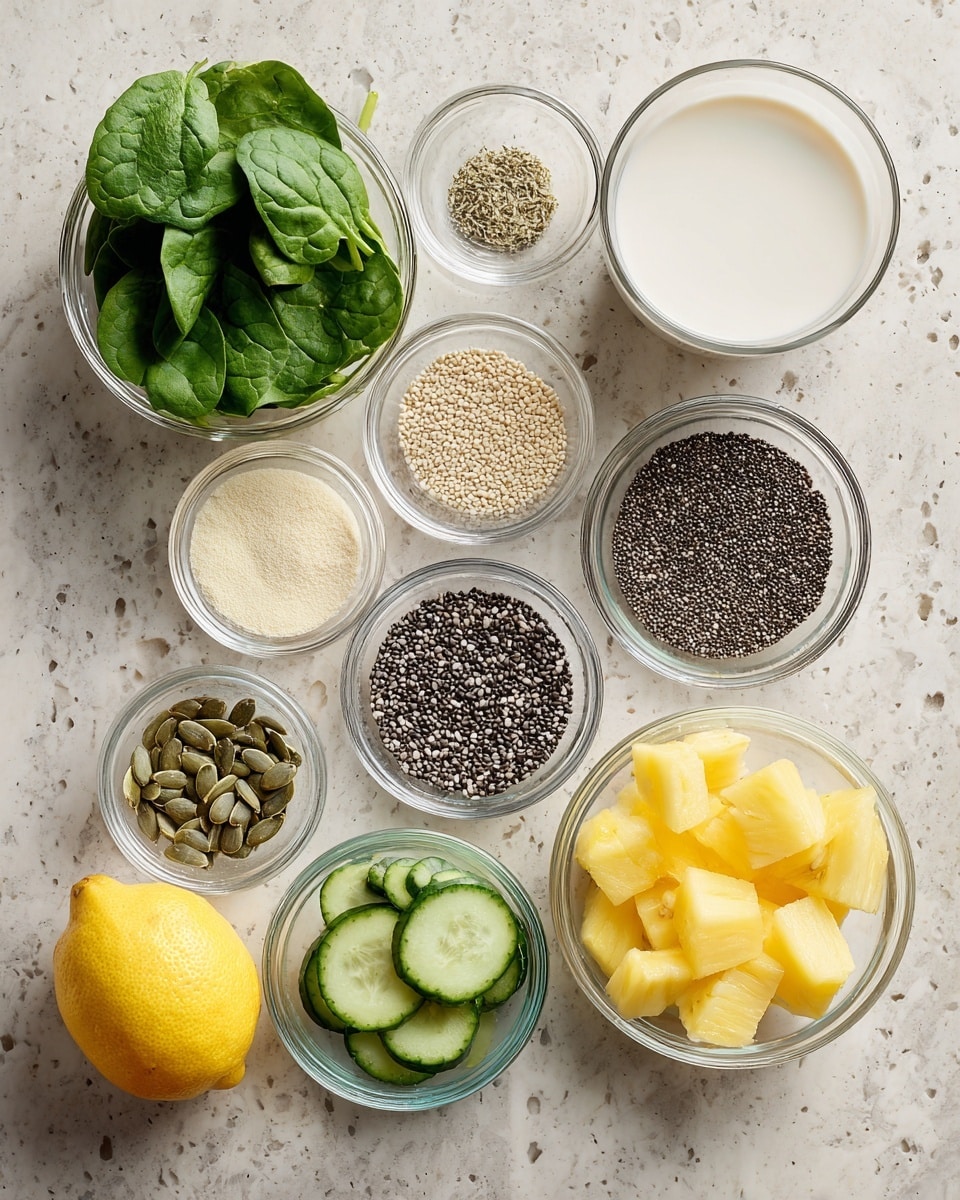 The image shows nine small clear glass bowls arranged neatly on a white marbled texture surface. The largest bowl at the top right is filled with a white liquid, likely milk. Around this bowl are smaller bowls holding fresh green spinach leaves, light beige powder, black and white seeds, chopped green cucumber pieces, bright yellow pineapple chunks, chopped light yellow banana pieces, and tiny dark chia seeds. A half lemon is placed directly on the white marbled texture to the left side of the bowls. The colors range from light beige, white, and yellow to various shades of green and black, creating a fresh and healthy ingredient spread. photo taken with an iphone --ar 4:5 --v 7