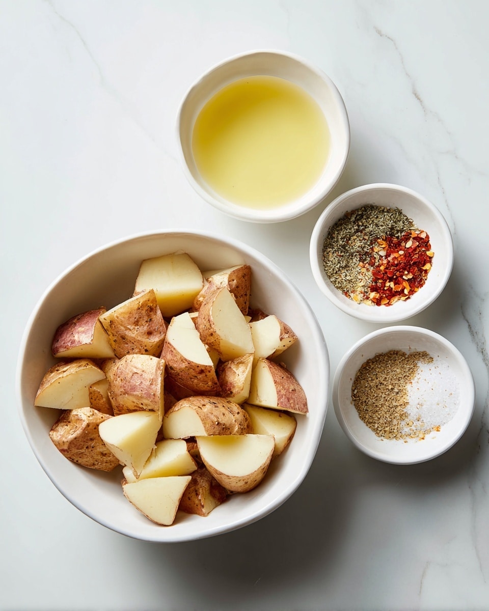 A white bowl filled with unevenly chopped pieces of brown-skinned potatoes with creamy white flesh sits at the bottom left. Above it and slightly to the right are three small white bowls arranged in a triangle on a white marbled surface; the top bowl contains a mix of colorful spices including light tan, red, and green flakes, the left bowl holds a pale yellow liquid, and the right bowl is filled with a mix of black pepper and white salt. The overall scene is simple and clean with natural lighting. Photo taken with an iphone --ar 4:5 --v 7