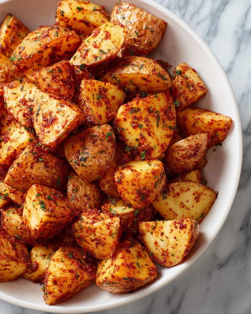 This image shows many pieces of potatoes cut into small, uneven chunks. Each potato piece is covered in a mix of reddish-brown spices and bits of green herbs that give a speckled and textured look. The potato pieces have a light cream color underneath the spice seasoning. They are placed close together inside a white bowl, and the background is a white marbled surface. The photo has a warm, cozy feel with soft lighting and slight shadows. photo taken with an iphone --ar 4:5 --v 7