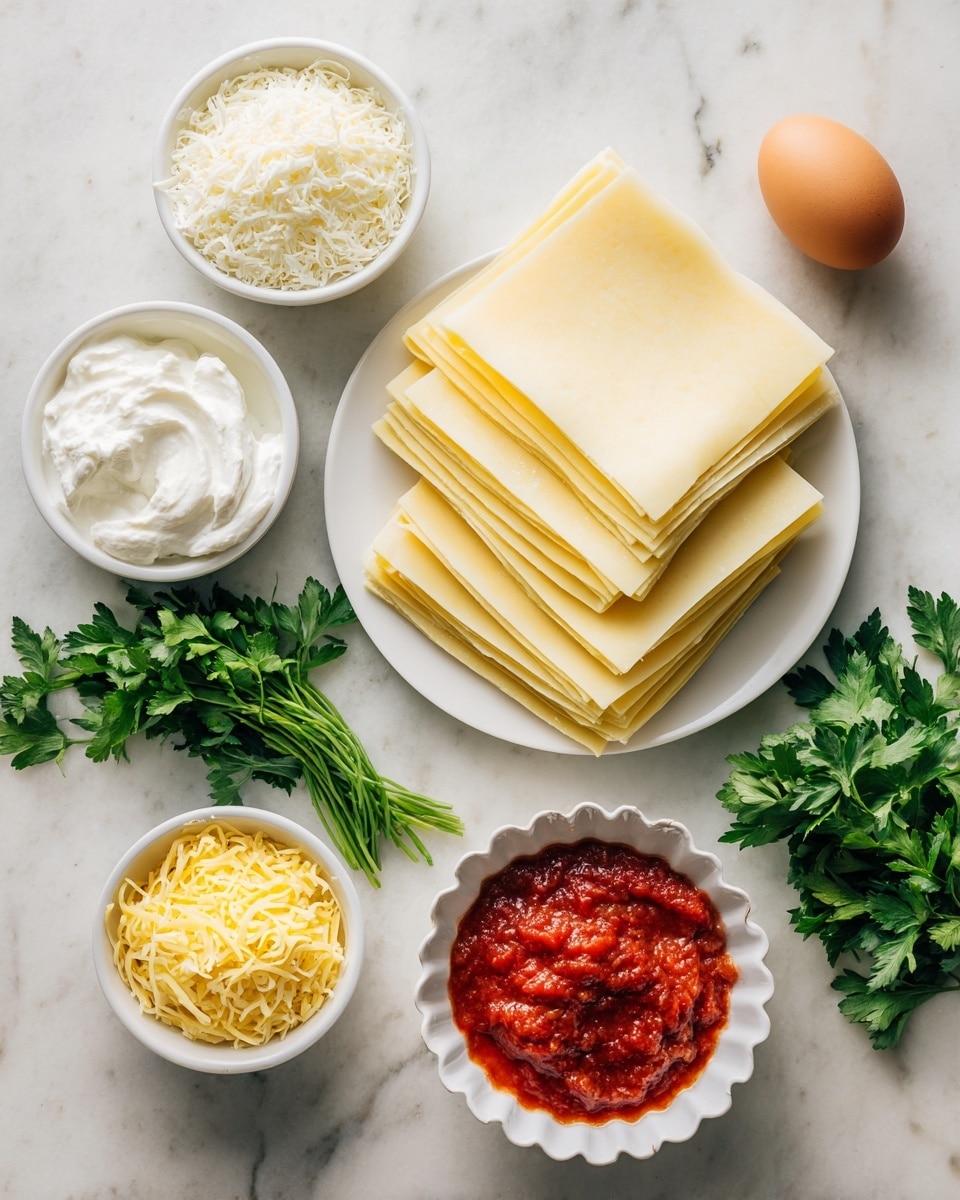 The image shows several ingredients for making lasagna arranged on a white marbled surface. In the center left, there is a white plate holding neatly stacked, pale yellow, rectangular lasagna sheets, about 8-10 layers high. Surrounding the plate, there are five small white bowls arranged in a loose semicircle. Clockwise from top left, the first bowl contains finely grated white cheese that looks soft and fluffy. Below it, a bowl holds shredded yellow cheese with a stringy texture. Moving further down, a bunch of fresh green parsley leaves lies on the surface, showing vibrant, leafy texture. Next to the parsley, a white bowl is filled with a creamy, smooth, white ricotta cheese. Below left, a small white bowl contains a single brown egg with a smooth shell. Above the egg, a white scalloped bowl is filled with thick, red tomato sauce, textured with bits of tomato inside. The image feels fresh and clean with soft natural light. Photo taken with an iphone --ar 4:5 --v 7