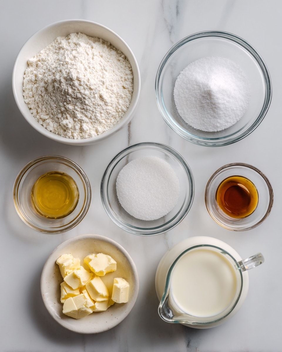 The image shows eight small bowls and a small glass pitcher on a white marbled surface. The largest white bowl at the top left is filled with white flour. Below it, a clear glass bowl is filled with granulated white sugar. To the right, three small clear glass bowls hold white baking powder, golden brown vanilla extract, and white baking soda from top to bottom. At the bottom right, a white bowl contains melted yellow butter. Next to it, a small glass pitcher holds creamy milk. The bowls and pitcher are neatly arranged in an organized pattern. Photo taken with an iphone --ar 4:5 --v 7