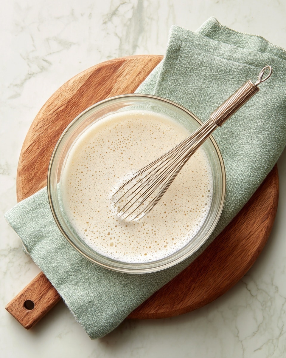 A clear glass bowl sits on a wooden cutting board over a pale green cloth, all placed on a white marbled surface. Inside the bowl is a light beige, frothy liquid with small bubbles on top. A silver whisk with thin wires rests partially submerged in the liquid from the bottom right side of the bowl. The scene is bright and simple, emphasizing the texture of the liquid and the shine of the metal whisk photo taken with an iphone --ar 4:5 --v 7