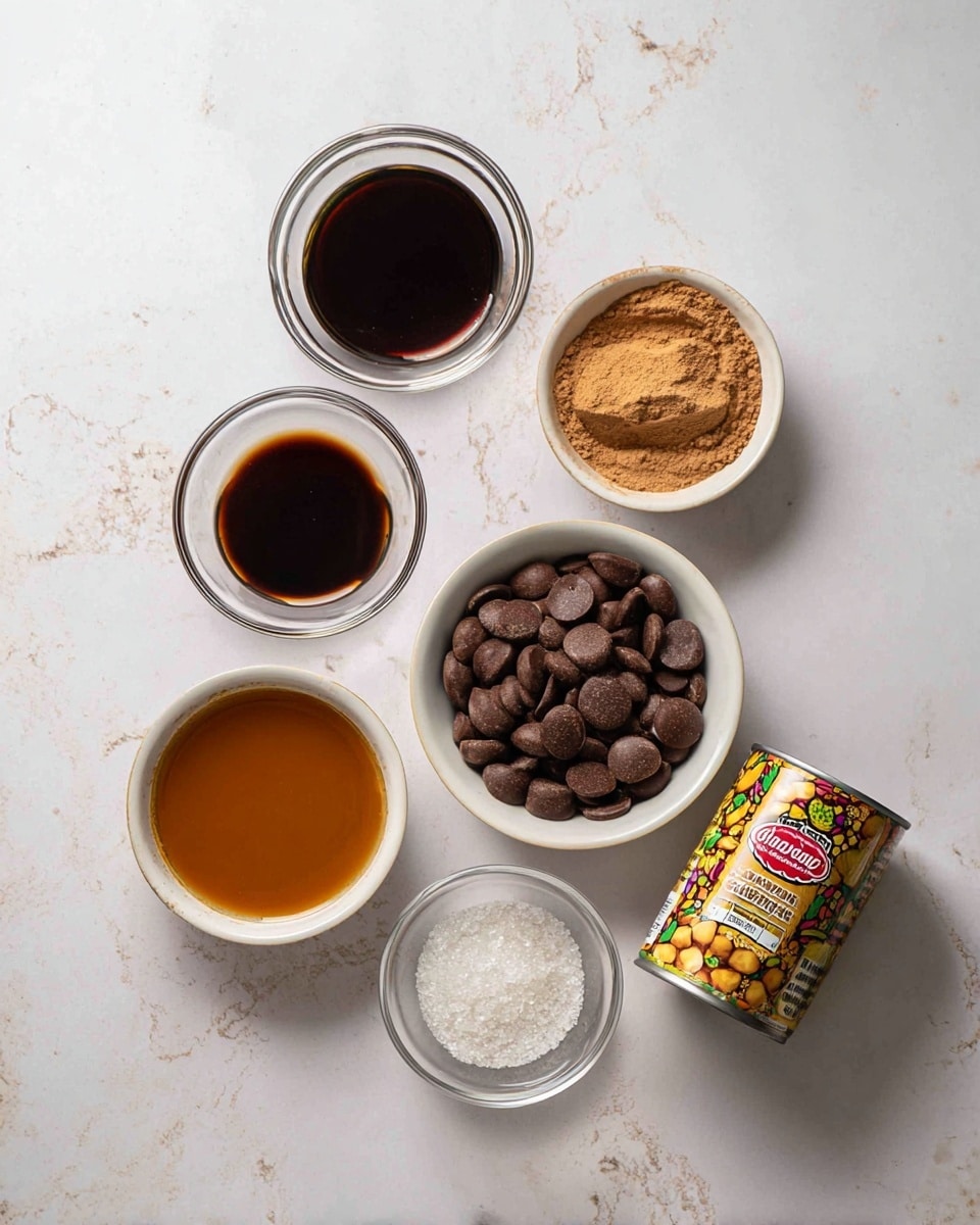 The image shows six bowls and one can arranged on a white marbled surface. Starting from the top left, there is a small clear glass bowl filled with dark brown liquid, next to it on the right is another clear glass bowl with a light brown powder. Below that, in the middle right, is a white bowl holding a smooth brownish tan paste. To the right of this bowl is a white bowl filled with round, dark brown chocolate pieces. At the bottom left, there is a clear glass bowl filled with a thick amber liquid. Next to it is a clear glass bowl filled with white granules. On the bottom right corner lies a can of Hanover Garbanzo Beans with its colorful label showing chickpeas. The scene is softly lit, capturing the details of textures and colors clearly, photo taken with an iphone --ar 4:5 --v 7