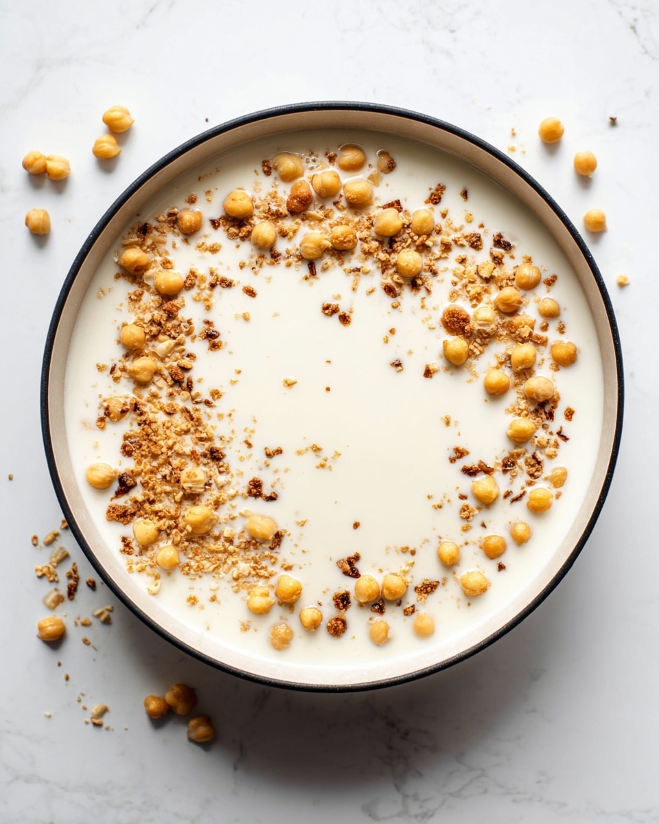 A close-up top view of a pan filled with a creamy white liquid base, and scattered small round beige chickpeas along with tiny crunchy brown bits spread unevenly mostly around the edges, creating a ring shape with the center clear. The pan has a light cream interior and a black rim, sitting on a white marbled surface. photo taken with an iphone --ar 4:5 --v 7