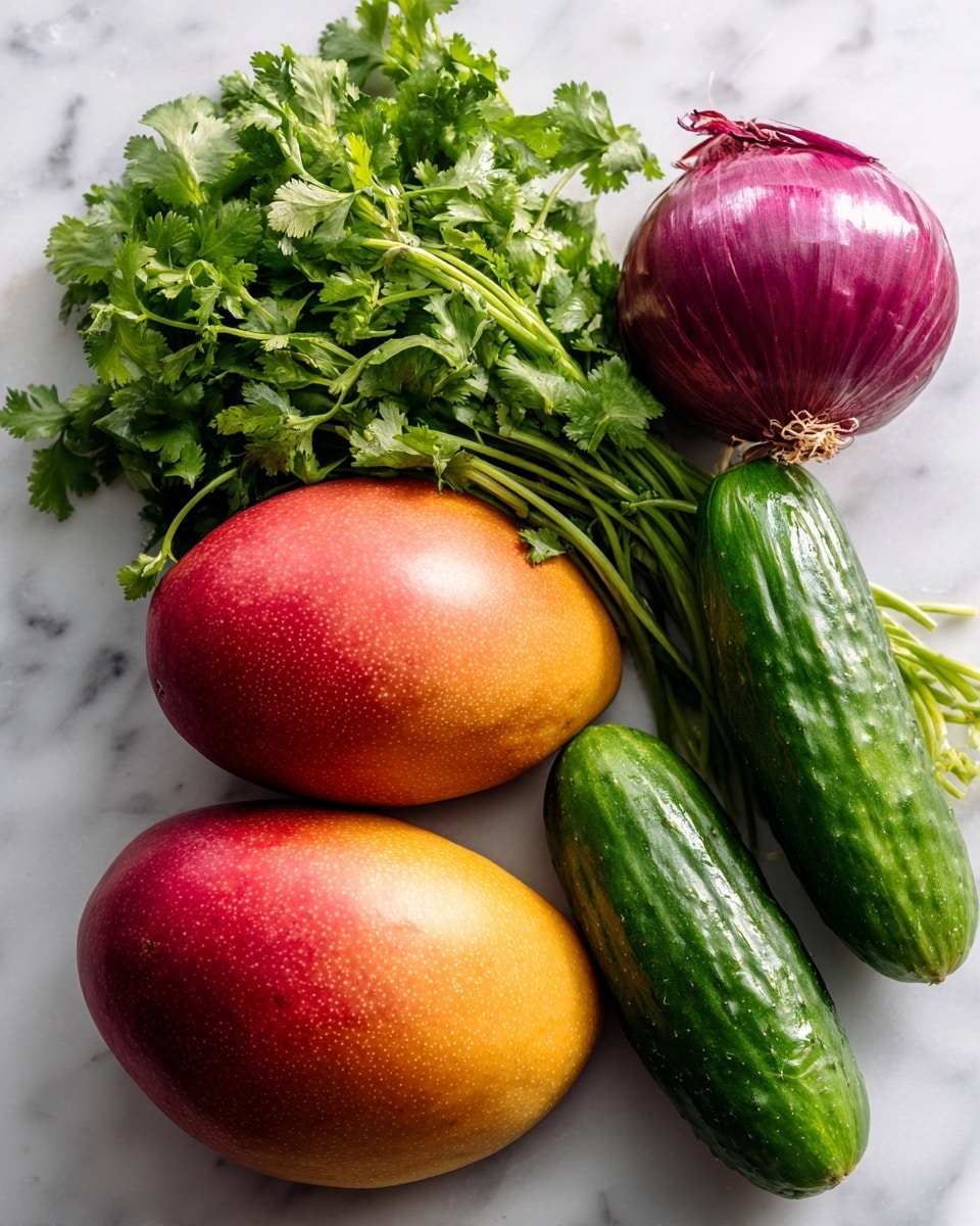 The image shows fresh ingredients placed on a white marbled surface: two ripe mangoes with smooth reddish-orange skin at the bottom center, two small green cucumbers with slightly bumpy texture on the top left, a bunch of fresh green cilantro with leafy stems near the top center, and a whole red onion with purple skin and some roots visible on the top right. No plate is present, only the ingredients directly on the surface photo taken with an iphone --ar 4:5 --v 7