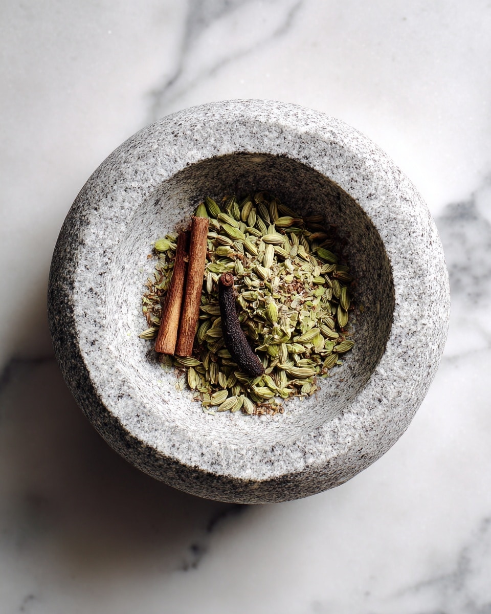 A top view of a round, light gray granite mortar sitting on a white marbled surface, containing a small pile of green and brown whole spices at the center, including green fennel seeds, a brownish stick, and one dark clove. The mortar has a smooth texture on the inside and a rougher outer rim. Photo taken with an iphone --ar 4:5 --v 7
