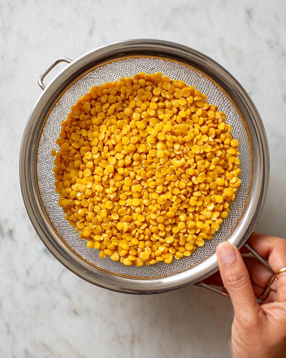 A close-up image shows a silver metal sieve filled with soaked yellow split lentils. The lentils are soft with a slightly shiny, smooth texture, and they fill the sieve nearly to the top. The sieve has a fine mesh pattern, and it appears to be held by a woman's hand on the right side, with another woman's hand visible holding it on the left bottom corner. The whole scene is placed on a white marbled surface, emphasizing the bright yellow color of the lentils. Photo taken with an iphone --ar 4:5 --v 7