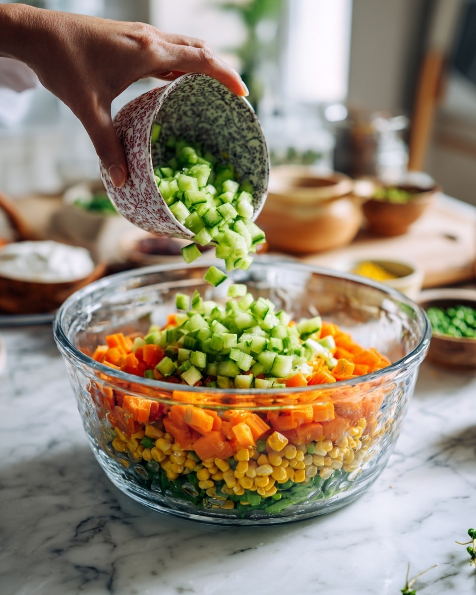 The image shows a top view of various small bowls with fresh ingredients arranged on a wooden surface. There is a clear pitcher with a thick, light green smoothie at the top center. Clockwise from the top right, a white bowl holds bright yellow corn kernels, next to it is an orange-brown scalloped bowl with cubed sweet potatoes in a strong orange color. Below is a white bowl with light green cucumber cubes, and beside it a small yellow bowl filled with thinly sliced pale purple shallots. At the bottom center, a small white bowl contains light brown fried corn nuts. Left to it, a colorful patterned bowl holds shredded white jackfruit. Above it, another white bowl with red and white diced potatoes. To the left, a white bowl with bright green shelled edamame beans. At the bottom left corner, a halved avocado with a dark pit and bright green flesh lies directly on the wooden surface. All items remain on the wooden background. photo taken with an iphone --ar 4:5 --v 7