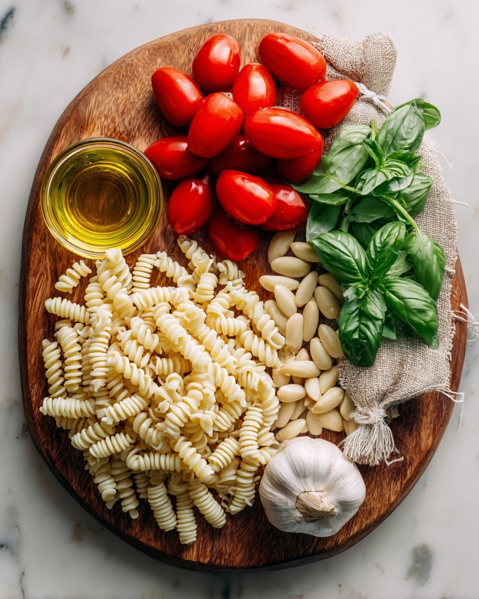 A round wooden board holds several ingredients arranged neatly: on the left side, there is a pile of off-white, ridged pasta with twisted shapes; above the pasta is a cluster of pale yellow almonds. To the right of the almonds lies a whole garlic bulb with a long stem. Next to the garlic, bright red grape tomatoes are grouped together, showing a shiny, smooth texture. Above the tomatoes, fresh green basil leaves rest beside a small, rustic cloth bag with a white tag tied to it. On the far left of the board, a small glass container filled with golden olive oil is placed. The background is a white marbled texture. photo taken with an iphone --ar 4:5 --v 7