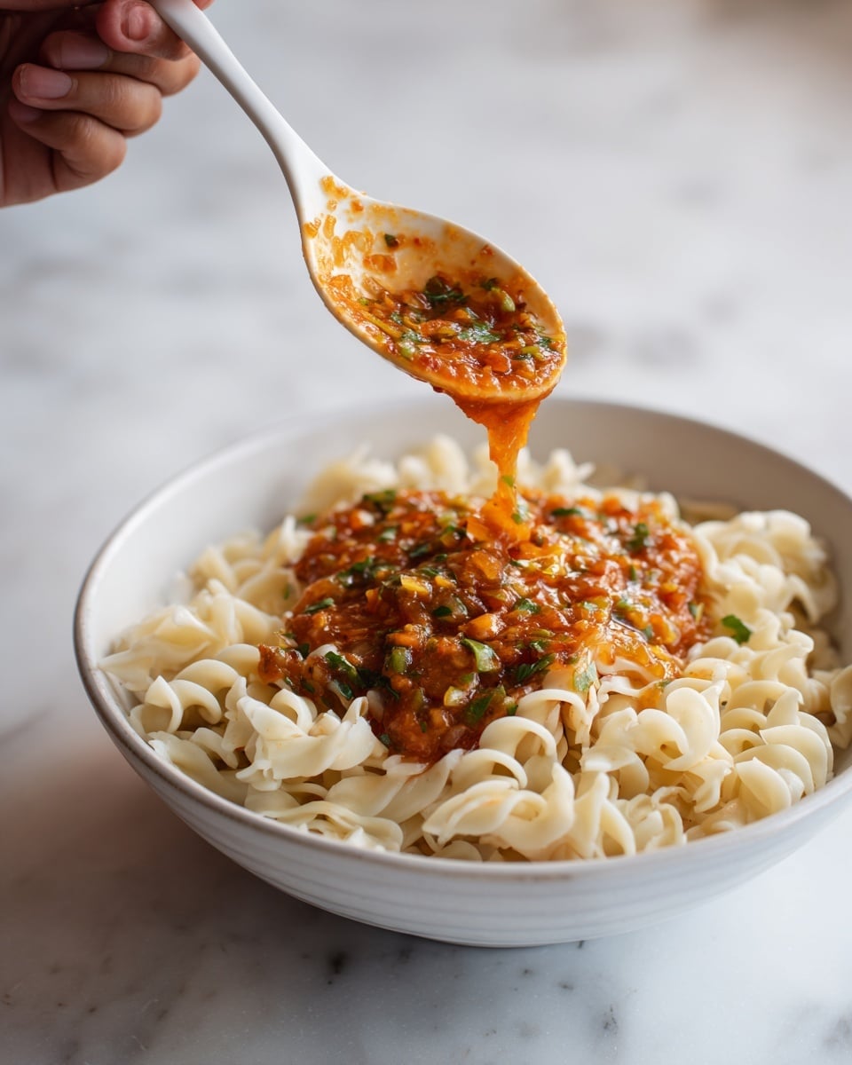 A white bowl filled with pale off-white, curly pasta rests on a white marbled surface, with a woman's hand pouring thick, chunky orange-red sauce full of herbs and small vegetable bits over the pasta from a white spoon, with the sauce partially falling on top. Photo taken with an iphone --ar 4:5 --v 7