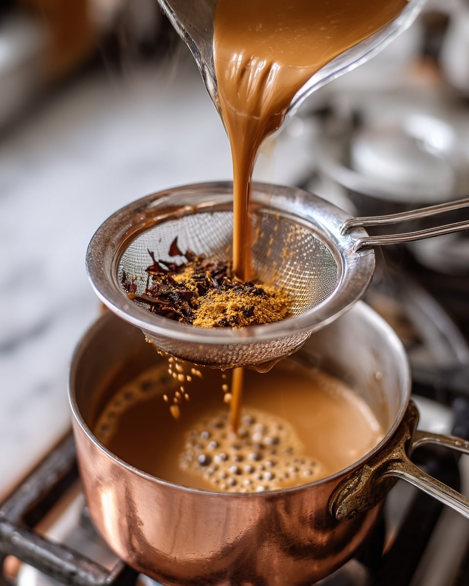 A warm brown creamy liquid is being poured from a copper pot through a small metal strainer into a larger silver pot below, with bits of dark tea leaves and a yellow spice visible in the copper pot. The strainer holds the tea leaves as the smooth liquid streams down, creating small bubbles on the surface in the larger pot. The scene is set on a stove with a white marbled texture under it, and steam rises gently from the pots. photo taken with an iphone --ar 4:5 --v 7
