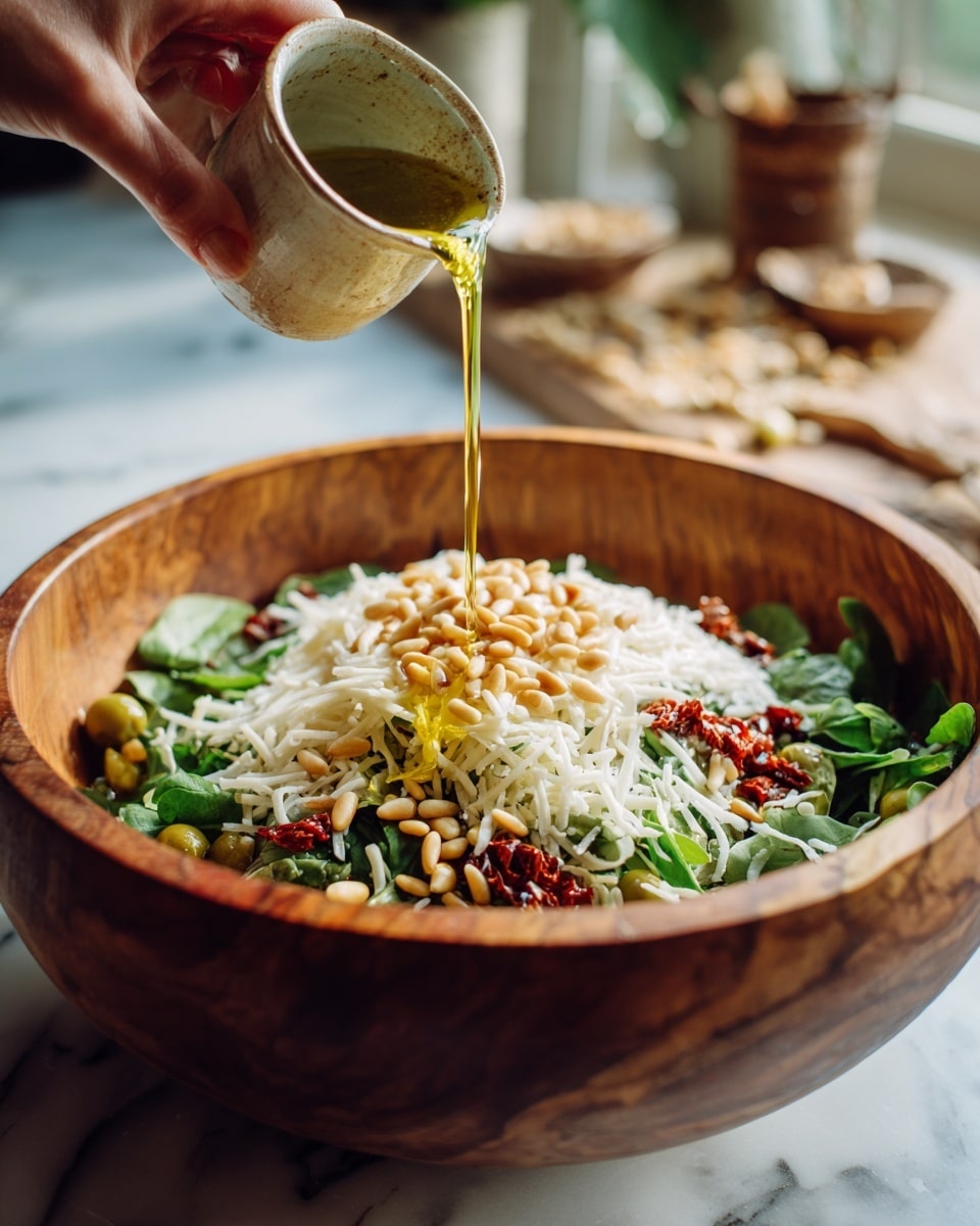 A deep wooden bowl filled with a layered salad showing fresh green leaves at the bottom, topped with white shredded cheese, scattered sun-dried red tomatoes, green olives, and a thick heap of light brown pine nuts. A woman's hand is pouring golden olive oil from a small ceramic cup over the pine nuts, creating a shiny stream. The bowl is placed on a wooden table with blurred items around, and the scene is set against a white marbled surface. photo taken with an iphone --ar 4:5 --v 7