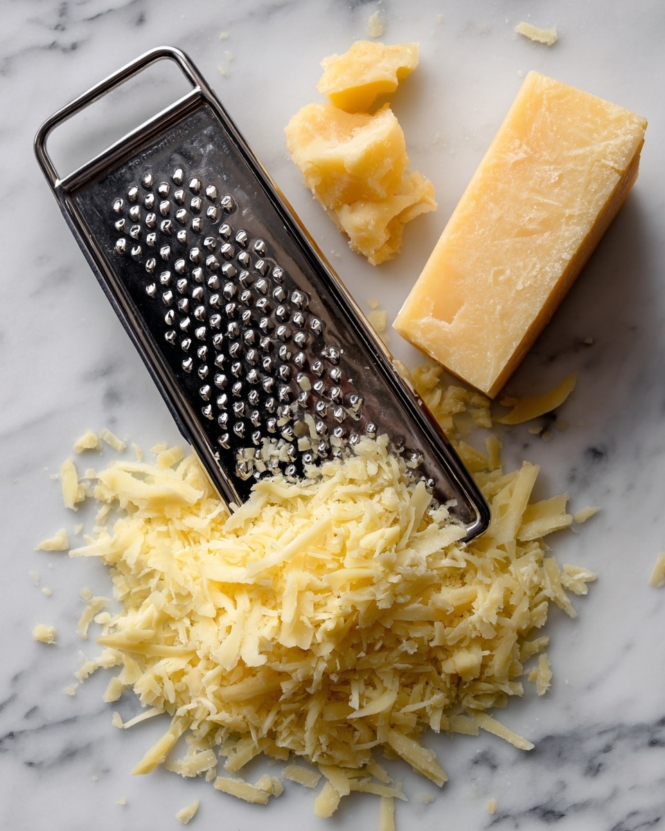 A small pile of finely shredded pale yellow cheese rests on a white marbled surface, next to a chunk of the same cheese that has a slightly crumbly texture with uneven edges. A metal cheese grater with a black handle lies diagonally on top of the shredded cheese, its surface shiny with small round grating holes. The whole scene is set on a white marbled background. photo taken with an iphone --ar 4:5 --v 7
