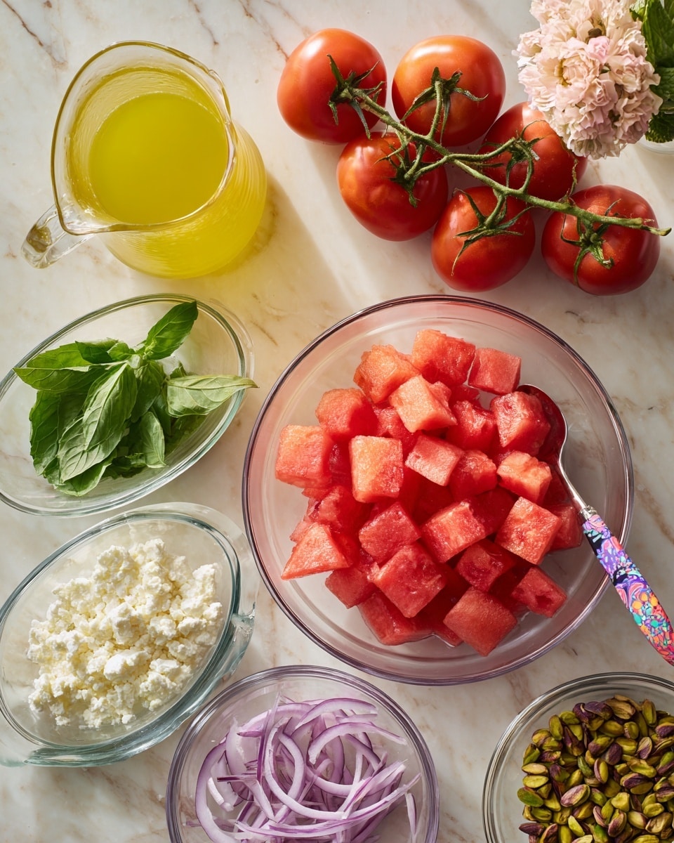 The image shows a clear glass bowl filled with red cubed watermelon pieces on the right side, with a colorful spoon placed inside the bowl. Surrounding the bowl are several small clear glass dishes and fresh ingredients arranged on a white marbled surface. At the top center is a clear glass pitcher filled with yellow liquid. Below it is a small bunch of red tomatoes on the vine. To the left are green fresh basil and mint leaves. At the bottom center is a small clear bowl of white crumbled cheese. An oval clear glass dish with thin slices of purple onion is placed below the cheese. To the left of the tomatoes is a small clear glass bowl with chopped green and purple pistachios. Near the top right corner of the picture, there is a small bunch of light pink and white flowers. Photo taken with an iphone --ar 4:5 --v 7