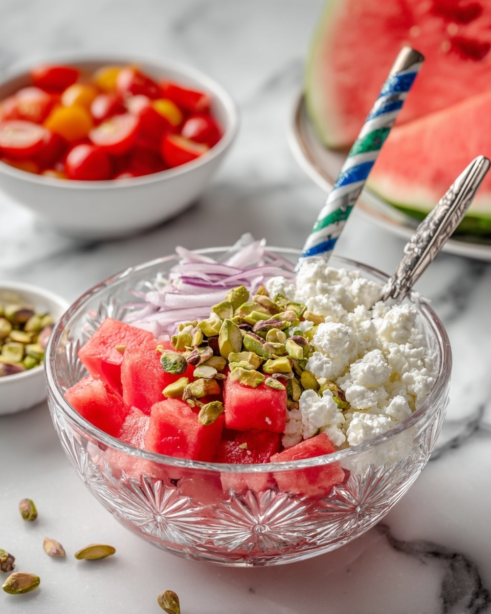 The image shows a clear glass bowl with a detailed star-like pattern, filled with several layers. The bottom layer is bright red watermelon cubes. On top of that, there is a layer of crumbled white cheese and thin slices of light purple onion. The top layer has chopped green pistachios scattered in the center. A silver spoon with a striped blue and green handle is placed inside the bowl. In the background, there is a white bowl filled with sliced cherry tomatoes, more watermelon pieces, and a large watermelon wedge, all placed on a white marbled surface. Photo taken with an iphone --ar 4:5 --v 7