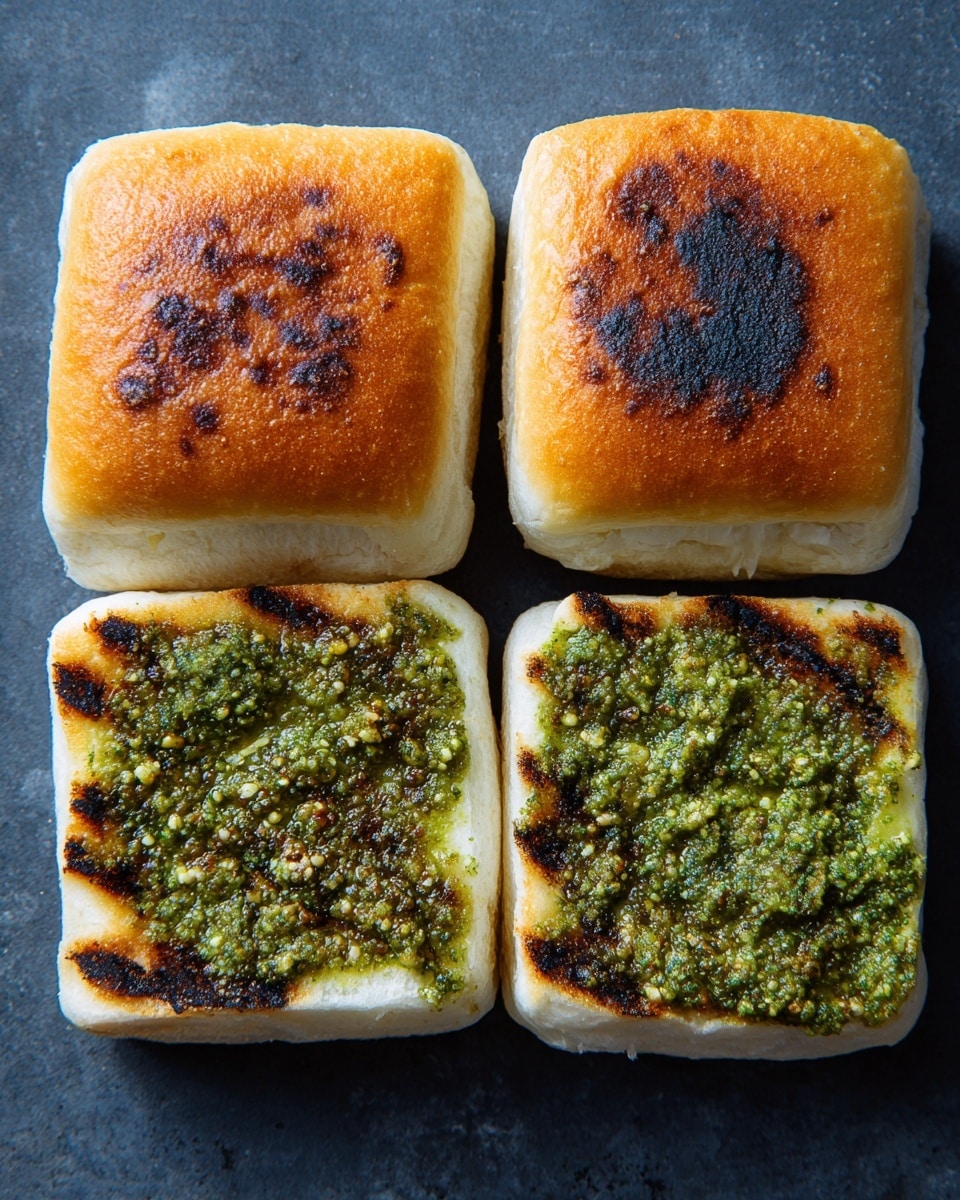 There are four white square sandwich buns placed in two rows on a dark grey surface. The top row shows the top halves of the buns warmed and plain with a golden-brown color. The bottom row shows the bottom halves of the buns, which are toasted slightly with grill marks and spread evenly with a thick layer of green pesto sauce that has a coarse texture. The buns are aligned neatly in two rows, four pieces in total, with the textured green pesto providing a strong contrast to the golden-brown toasted bases. The photo has a simple food-prep feel with no extra items present. Photo taken with an iphone --ar 4:5 --v 7