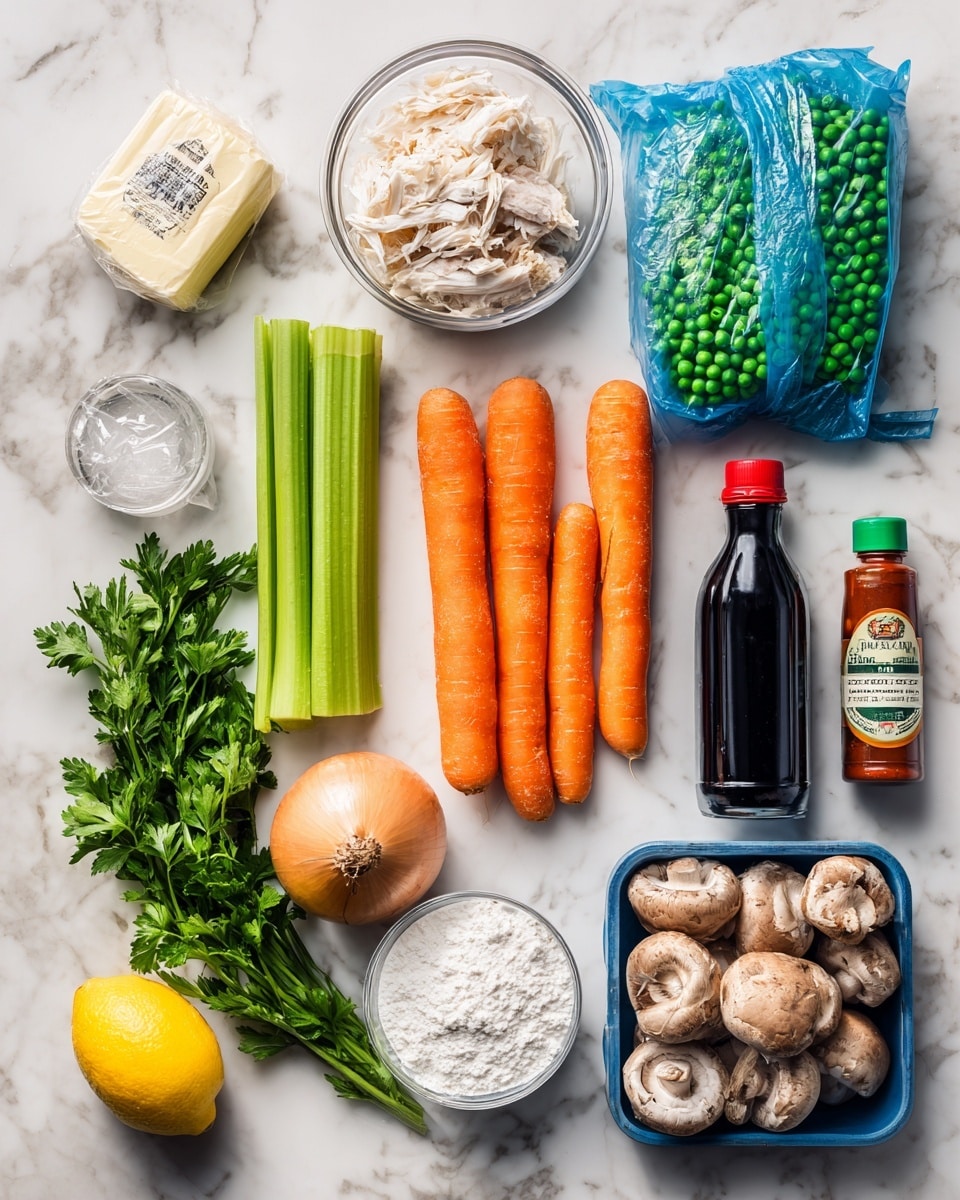 The image shows a collection of cooking ingredients laid out on a white marbled surface. There are four bright orange carrots positioned in the middle, with three light green celery sticks on the left side. A bunch of fresh dark green parsley is placed at the bottom left corner, next to a whole yellow lemon. Near the center, a large round onion sits beside a small paper-wrapped block of butter and a clear glass bowl filled with white flour. On the right side, a blue plastic container holds several whole brown mushrooms. Above this container, a white bottle with a red cap is placed. Near the carrots, a green bottle of soy sauce and a black tube of tomato paste lie side by side. In the upper left corner, a clear glass bowl contains shredded cooked chicken. A large blue frozen bag of green peas is near the center, slightly tilted to the right. Photo taken with an iphone --ar 4:5 --v 7
