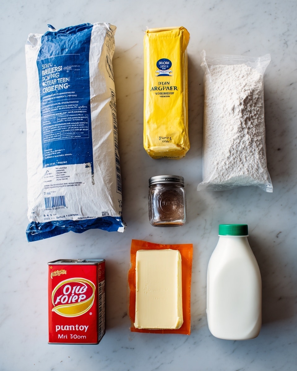 The image shows baking ingredients arranged on a white marbled surface: a large blue and white bag of unbleached bread flour at the top left, a tall yellow and white bag of granulated sugar at the top right, a small brown jar of active dry yeast below the sugar, a red can of baking powder and an orange box of baking soda side by side below the flour and yeast, a white plastic bottle of buttermilk with a green cap to the right of the baking powder and soda, and two wrapped sticks of unsalted butter placed horizontally near the bottom. The lighting highlights the clean and simple packaging of each item. Photo taken with an iphone --ar 4:5 --v 7