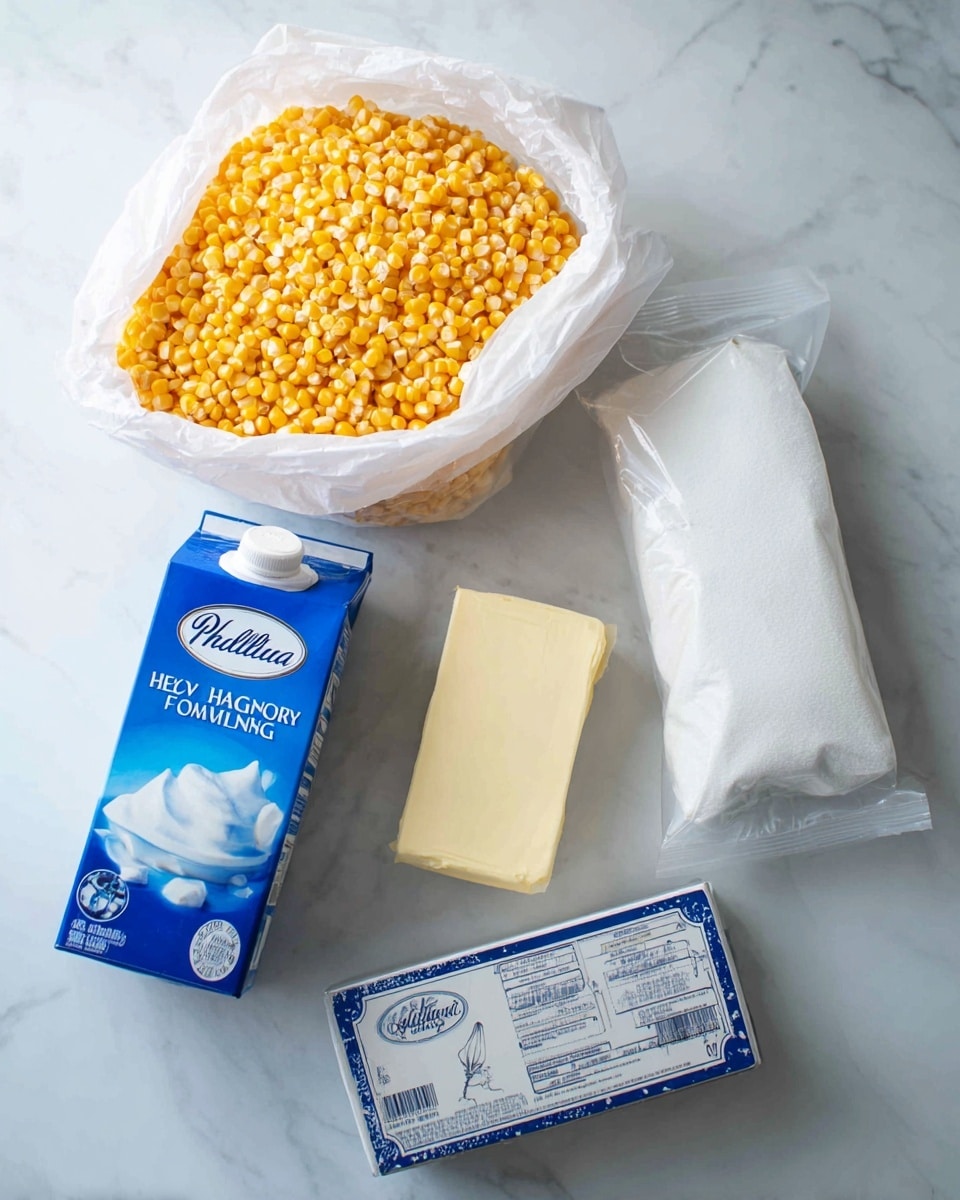 The image shows five cooking ingredients arranged on a white marbled surface. There is a large white bag filled with yellow whole corn kernels positioned at the top left. To the right of the corn bag, a slightly smaller white bag of pure cane granulated sugar is placed. Below those, a blue and white carton of heavy whipping cream stands upright in the foreground, with clear text and a small whisk icon on it. Just behind the cream carton, towards the right, lies a rectangular white wrapped stick of unsalted butter. In front of the butter and slightly to the right, there is a silver and blue box of Philadelphia original cream cheese. photo taken with an iphone --ar 4:5 --v 7