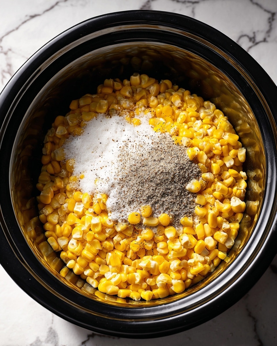 Inside a black slow cooker, there is one layer of yellow corn kernels mixed with a few white kernels. On top of the corn, there is a small pile of white granules, likely salt, with some black pepper sprinkled over it, creating a speckled effect. The slow cooker is placed on a surface with a white marbled texture. The lighting highlights the shiny and slightly moist texture of the corn, and the colors show a contrast of yellow, white, and black. Photo taken with an iphone --ar 4:5 --v 7