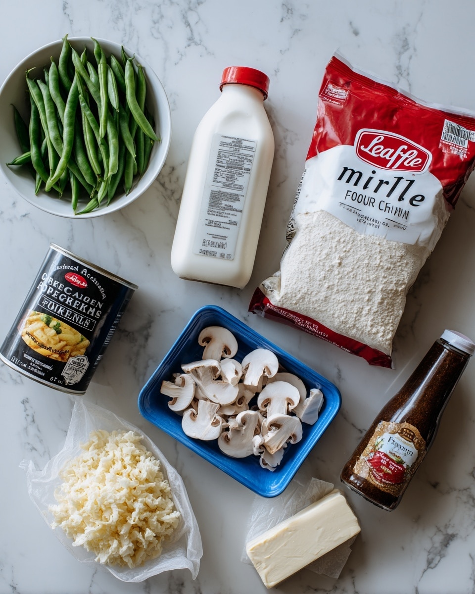 The image shows various food ingredients arranged on a white marbled surface. There is a white bowl filled with fresh green beans positioned on the left side. Next to it, a bottle of red and white milk labeled