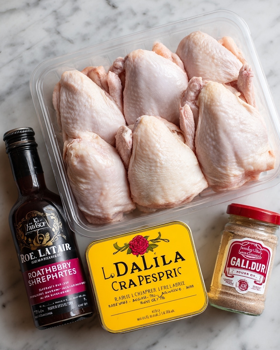 The image shows six raw pieces of chicken with skin, arranged closely together inside a clear plastic container. Below the container, on a white marbled surface, are three seasonings: a dark bottle labeled