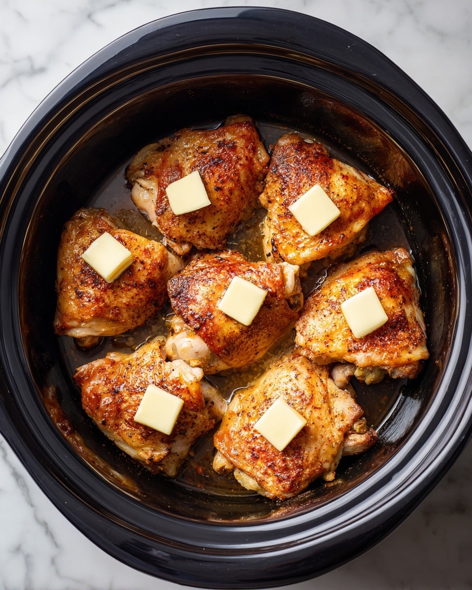 Inside a black slow cooker, there are six browned chicken thighs arranged in a single layer, each piece showing a golden-brown crispy skin with a slightly rough texture. On top of each thigh, there is a small square of pale yellow butter that contrasts with the darker color of the chicken. The slow cooker is placed on a white marbled surface. photo taken with an iphone --ar 4:5 --v 7