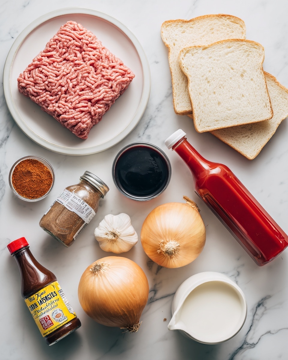 The image shows different cooking ingredients spread out on a white marbled surface. On the top left, there is a white plate holding a square block of raw ground meat with a pink color and slight texture. Next to it, by the center, there are three slices of white bread stacked slightly askew, showing a soft, airy texture with light golden edges. Near the bread, there is a large dark glass bottle of apple cider vinegar standing upright, and a smaller bottle of dark sauce with a red tint beside it. In the bottom left corner, a bottle of Worcestershire sauce lays on its side near a can with a tomato design, and nearby is a small jar labeled chili powder showing a reddish-brown spice inside. A bulb of garlic with a papery skin sits close to two large yellow onions with dry outer layers, arranged near the bottom right corner. To the right, there is a white container of milk tipped on its side, and next to it stands an upright bright red bottle of ketchup with a white cap. The scene is shot clearly and brightly, photo taken with an iphone --ar 4:5 --v 7