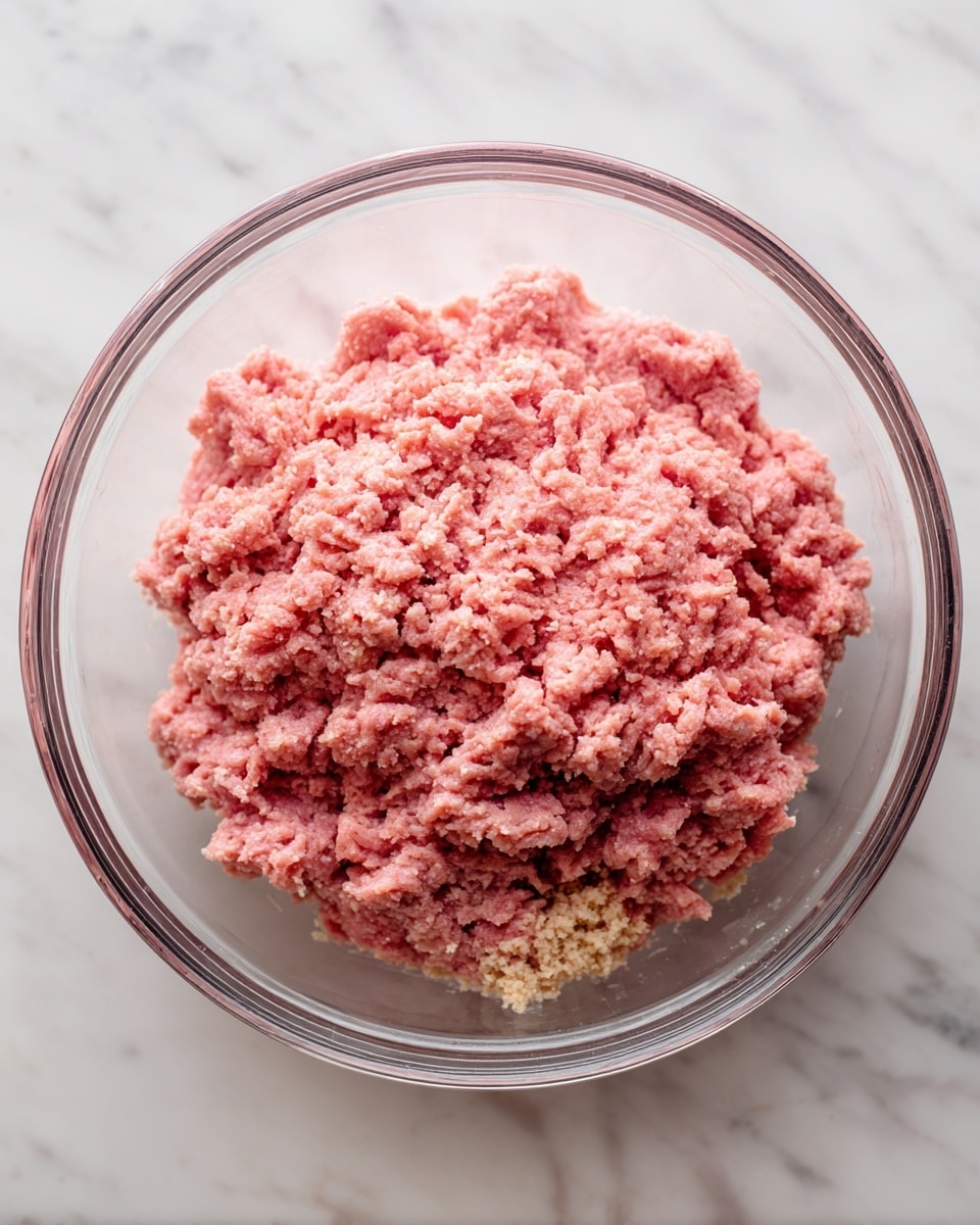 The image shows a clear glass bowl placed on a white marbled surface filled with a single layer of raw ground meat mixed with small bits of a light beige ingredient. The meat is pink with a coarse, crumbly texture, appearing unevenly spread inside the bowl. The bowl is transparent, allowing the marbled background color to be seen through it. Photo taken with an iphone --ar 4:5 --v 7