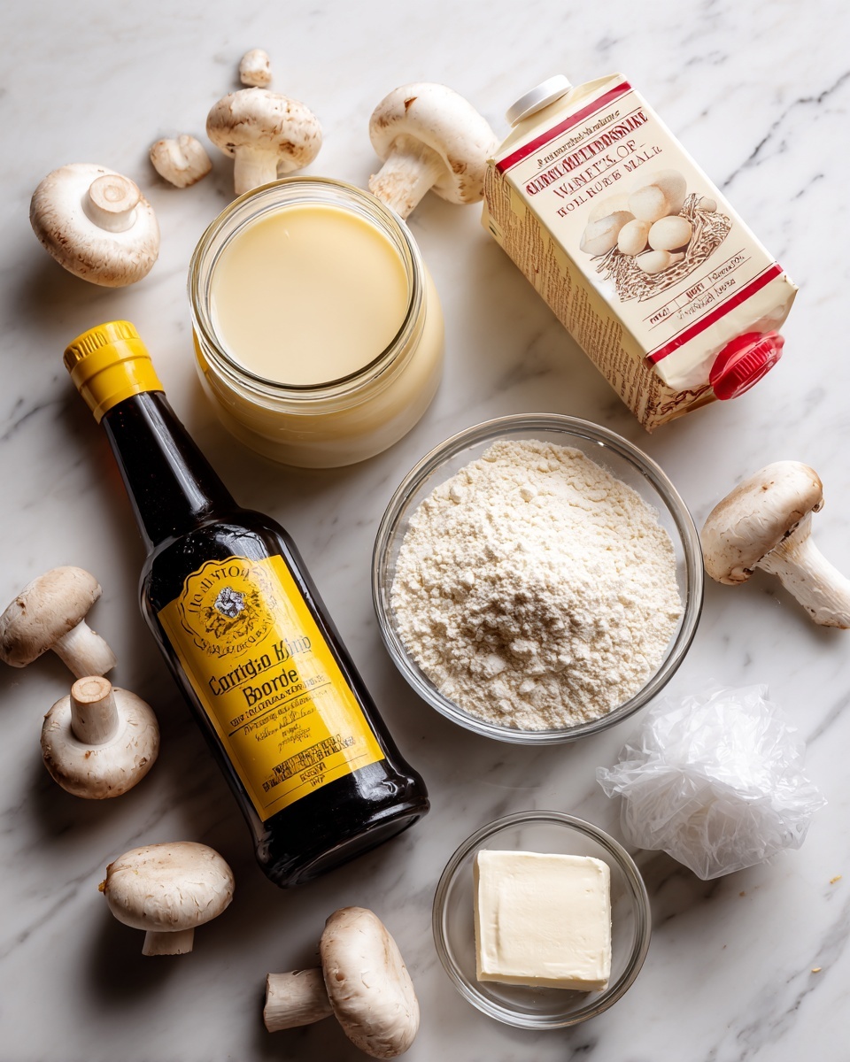The image shows several ingredients placed on a white marbled surface: a glass jar of chicken bone broth with a yellow label, a dark glass bottle of Worcestershire sauce with a beige label, a white and red carton of whole ultra-filtered milk, a small white wrapped butter pat, a clear small glass bowl filled with white flour, and multiple white mushrooms scattered around the ingredients. photo taken with an iphone --ar 4:5 --v 7