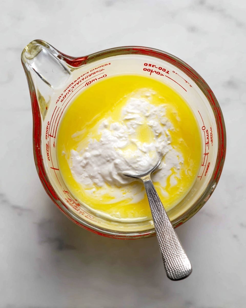 A clear glass measuring cup with red measurement markings holds a mixture of two layers: a yellow liquid at the bottom and a thick white liquid floating on top in uneven patches. A silver spoon with a textured handle is inside the cup, resting against the side, partially submerged in the mixture. The measuring cup sits on a white marbled surface, and the photo is taken from above, showing the mixture swirling slightly where the spoon touches it. photo taken with an iphone --ar 4:5 --v 7