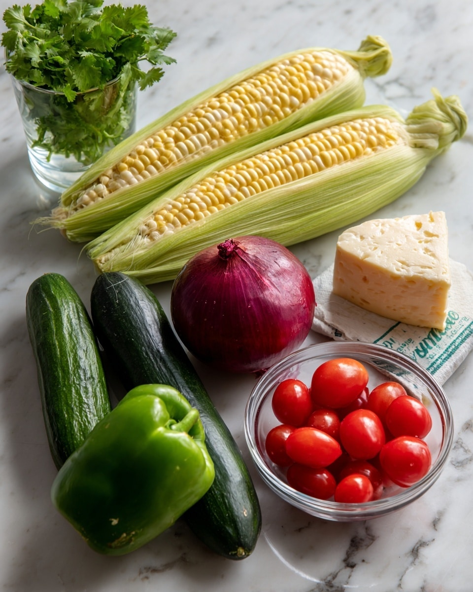 The image shows a group of fresh vegetables and cheese arranged on a white marbled surface. There are four light green corn cobs, one with its bright yellow kernels partly visible. In the center, a round red onion stands out with its smooth shiny surface. A long dark green cucumber is placed diagonally in the lower left corner. Near it, a green bell pepper shows a smooth and glossy texture. On the right, a clear bowl is filled with small, bright red cherry tomatoes. Next to the bowl, a wedge of pale yellow cheese with a blue and white label rests on the marble. In the background, a glass full of fresh green cilantro adds height and a touch of freshness. Photo taken with an iphone --ar 4:5 --v 7