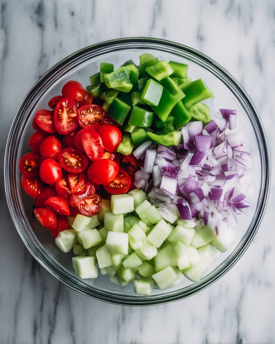 A clear glass bowl on a white marbled texture surface holds four sections of chopped vegetables, arranged next to each other without mixing. The first section shows bright red cherry tomatoes sliced in halves with visible seeds. Next to it is a pile of chopped green bell pepper pieces, vibrant and crisp. The third section contains small diced purple and white onion pieces with a fine texture. The largest section is filled with roughly chunked cucumber pieces, pale green with darker green skin edges. photo taken with an iphone --ar 4:5 --v 7