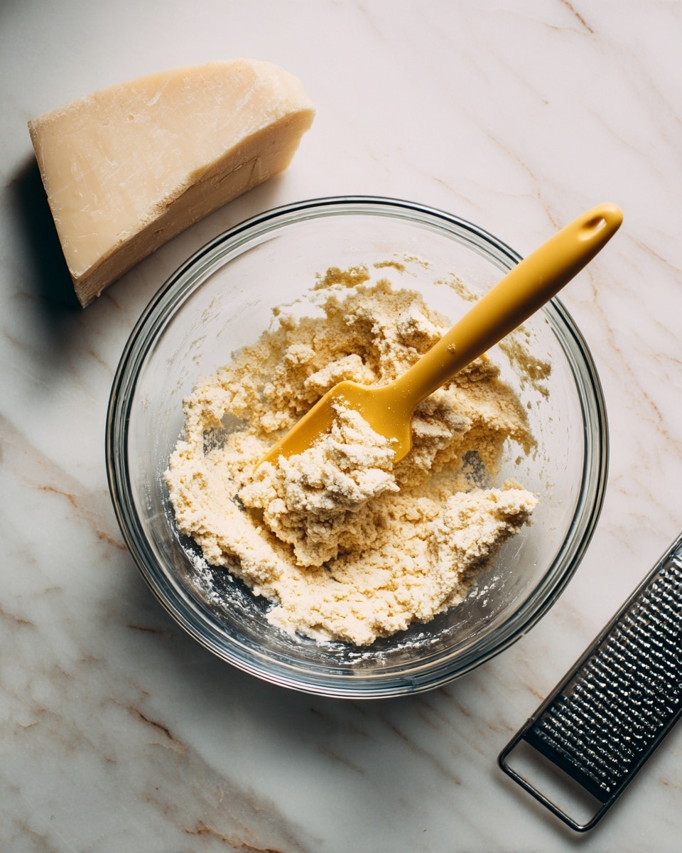 A clear glass bowl sits on a white marbled surface with a yellow spatula inside it, coated with a creamy, light beige mixture that has a slightly chunky texture. A wedge of pale yellow cheese rests nearby, and a metal grater lies partially in view to the right side of the bowl. The scene is softly lit and centered, showing the details of the mixture and spatula clearly photo taken with an iphone --ar 4:5 --v 7